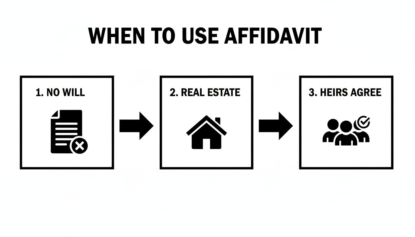 Flowchart illustrating when to use an affidavit: no will, real estate involved, and heirs agree.
