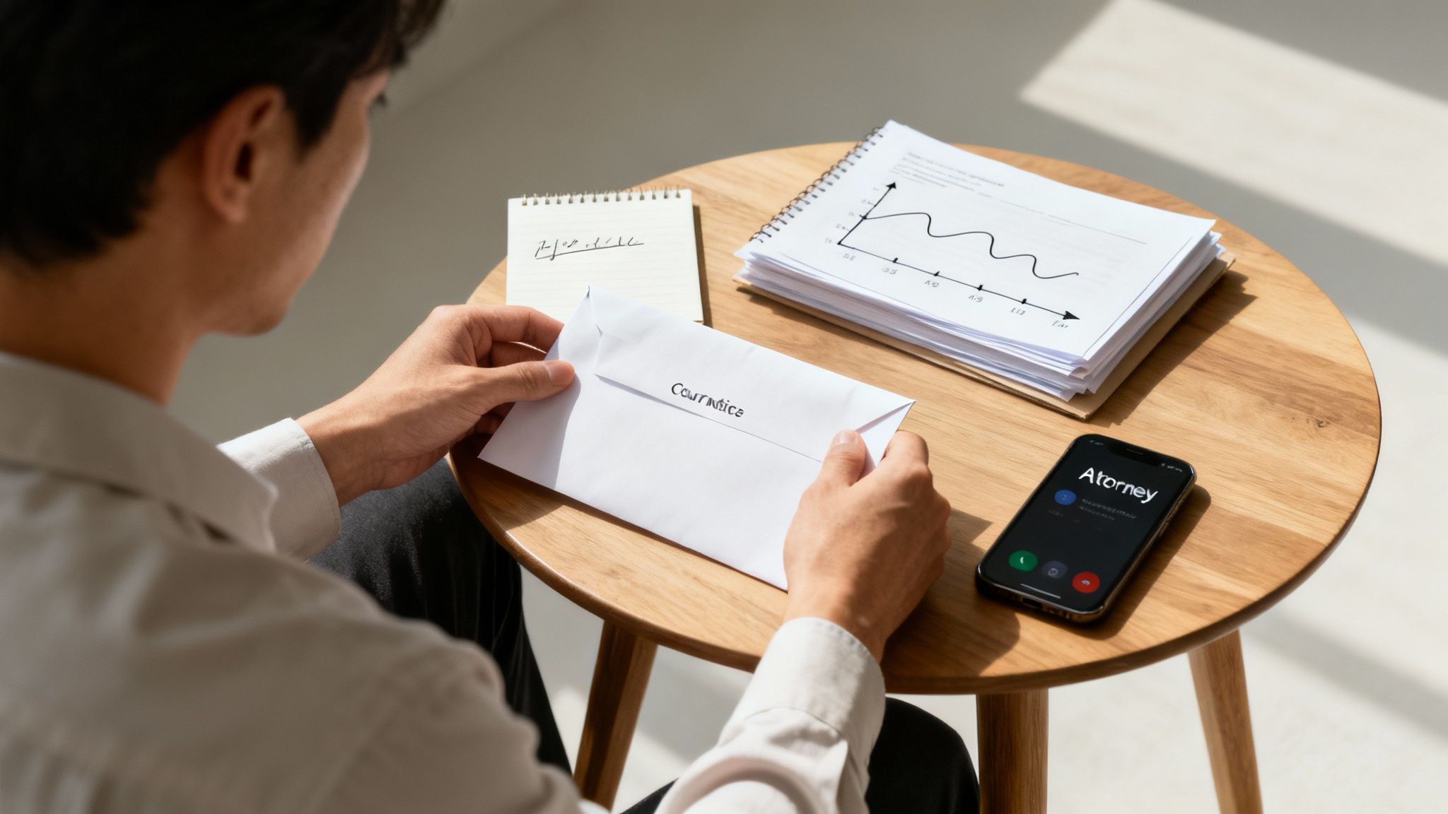 A person holds a court notice envelope, with a phone displaying "Attorney" on a wooden table.