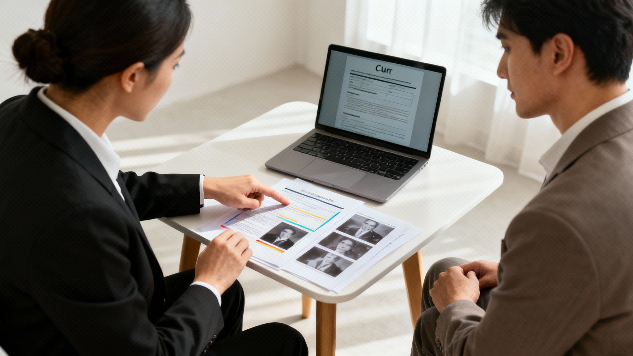 Attorney consulting with client, reviewing legal documents and laptop screen, emphasizing tenant rights and eviction defense strategies.