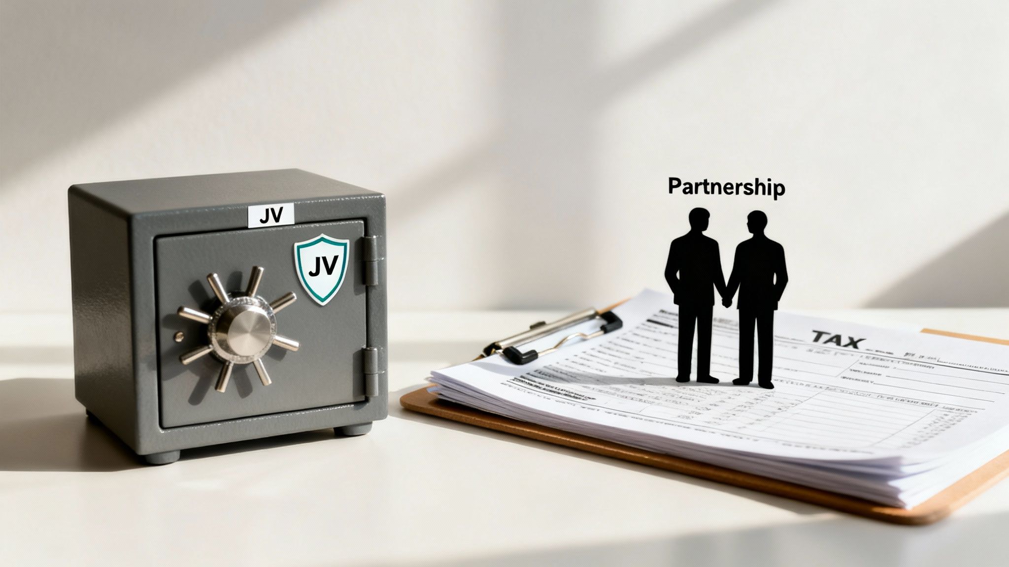 Safe with JV label and partnership figures over tax documents, illustrating joint ventures versus partnerships in Texas business structures.