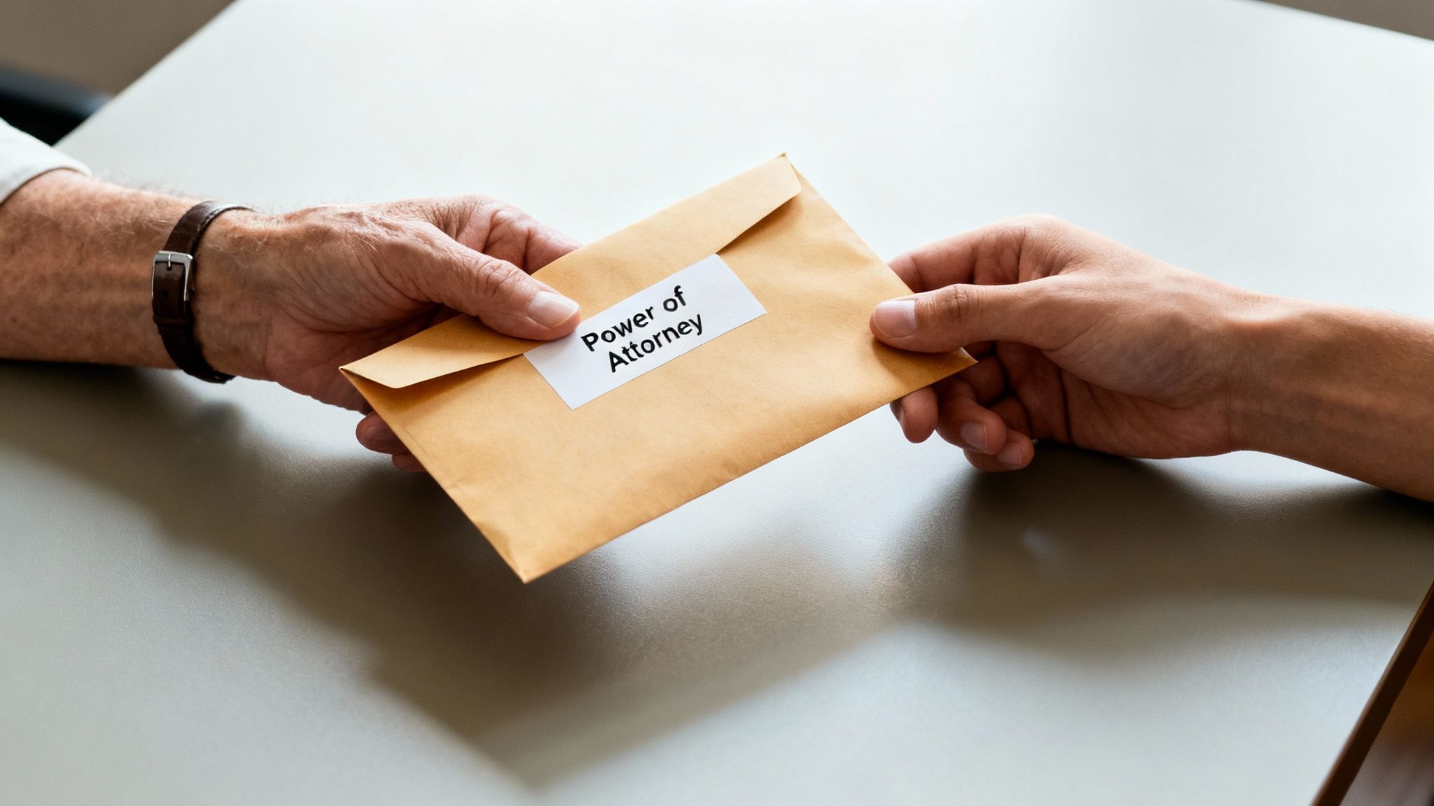 Hands exchanging an envelope labeled "Power of Attorney," symbolizing the transfer of legal authority for estate planning in Texas.