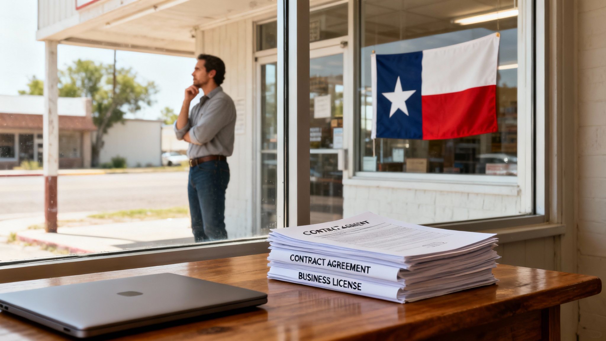 A man gazes out a window in a Texas business, with legal documents and a laptop on a desk.