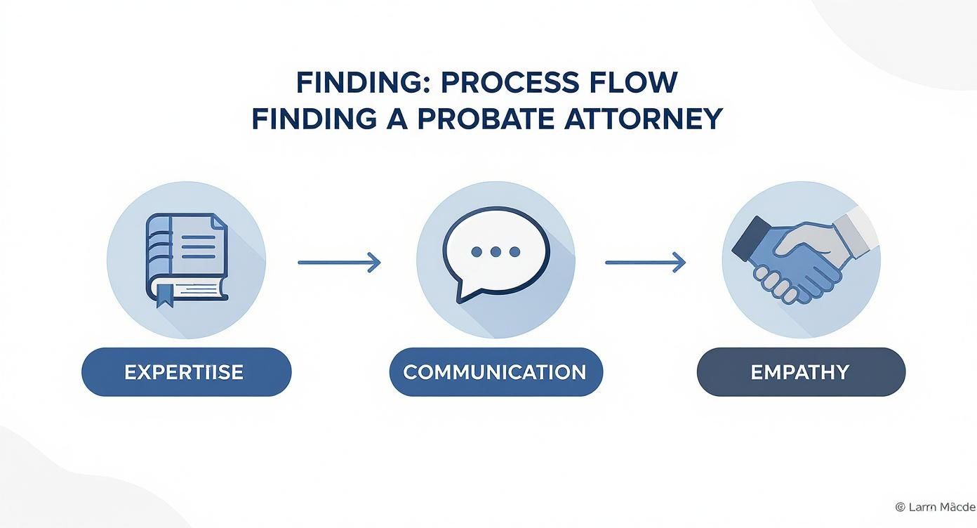 Infographic showing a three-step process for finding a probate lawyer: Expertise, Communication, and Empathy.