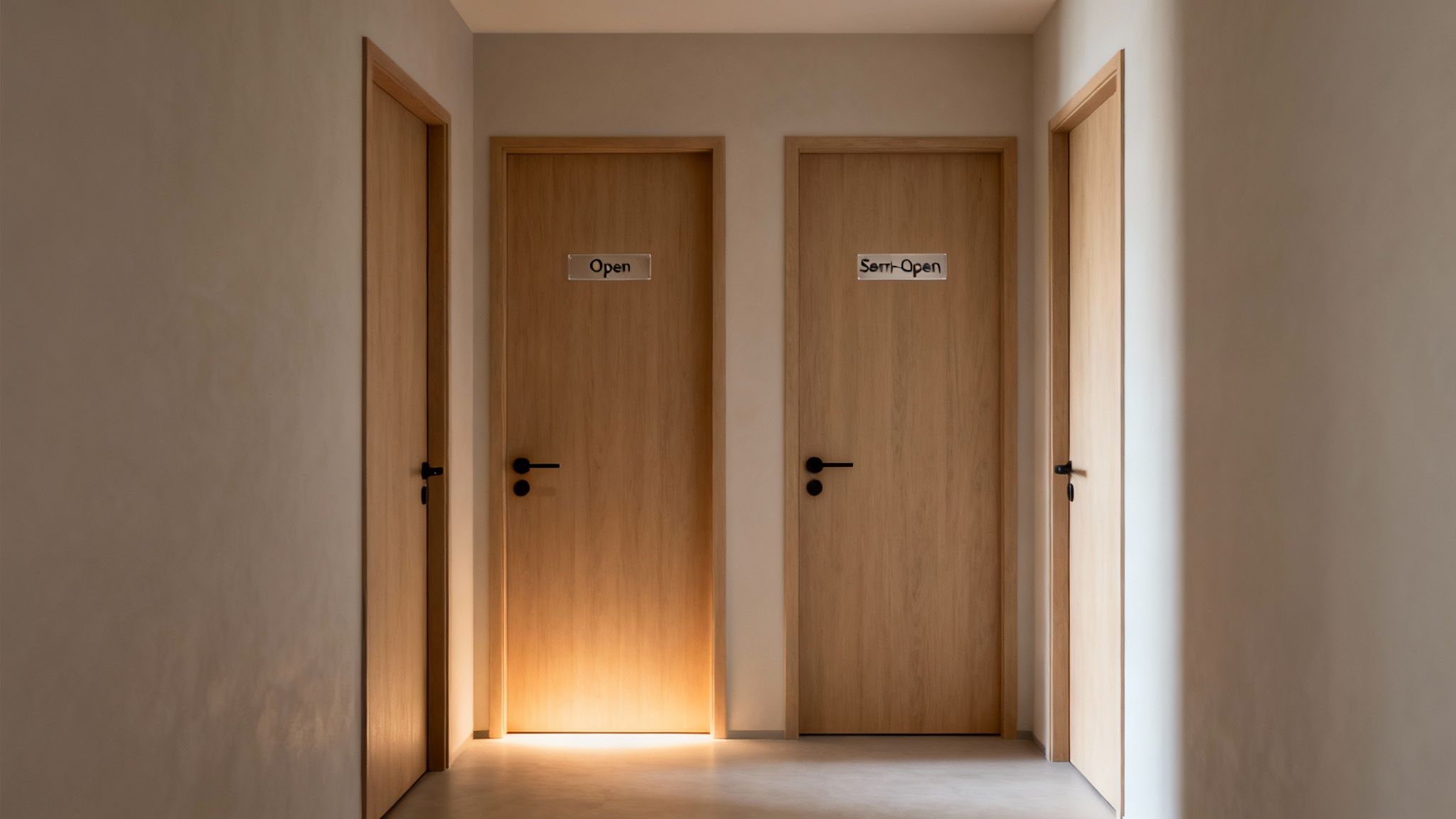 Four wooden doors in a hallway, two with signs reading 'Open' and 'Semi-Open'.