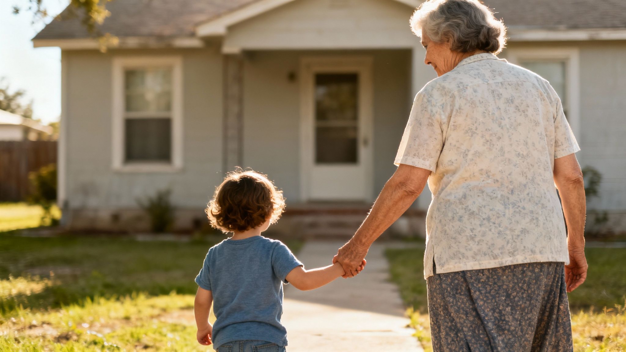 Grandmother and grandchild holding hands, walking on a path away from a house.