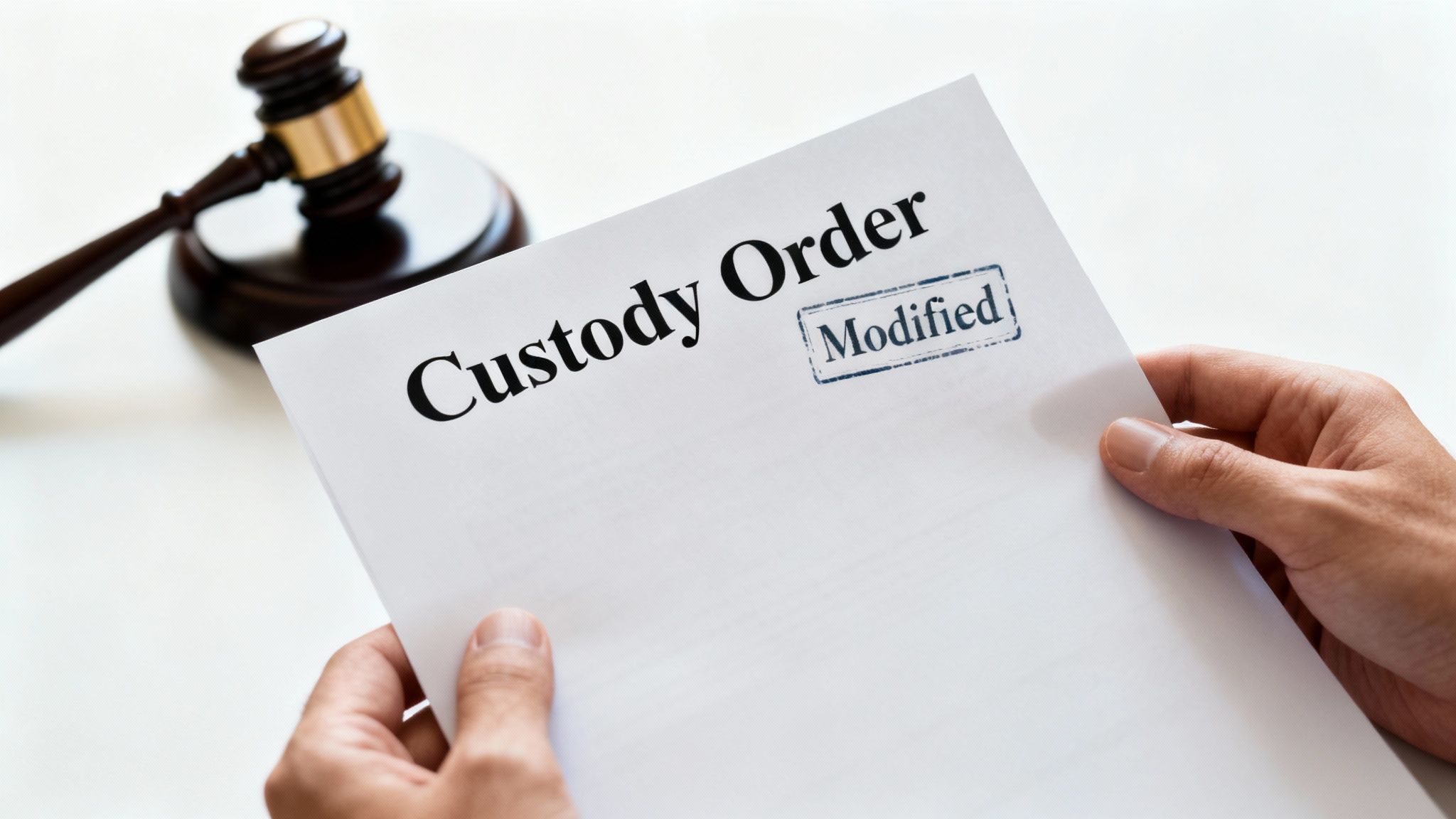 Hands hold a modified child custody order document with a judge's gavel in the background.