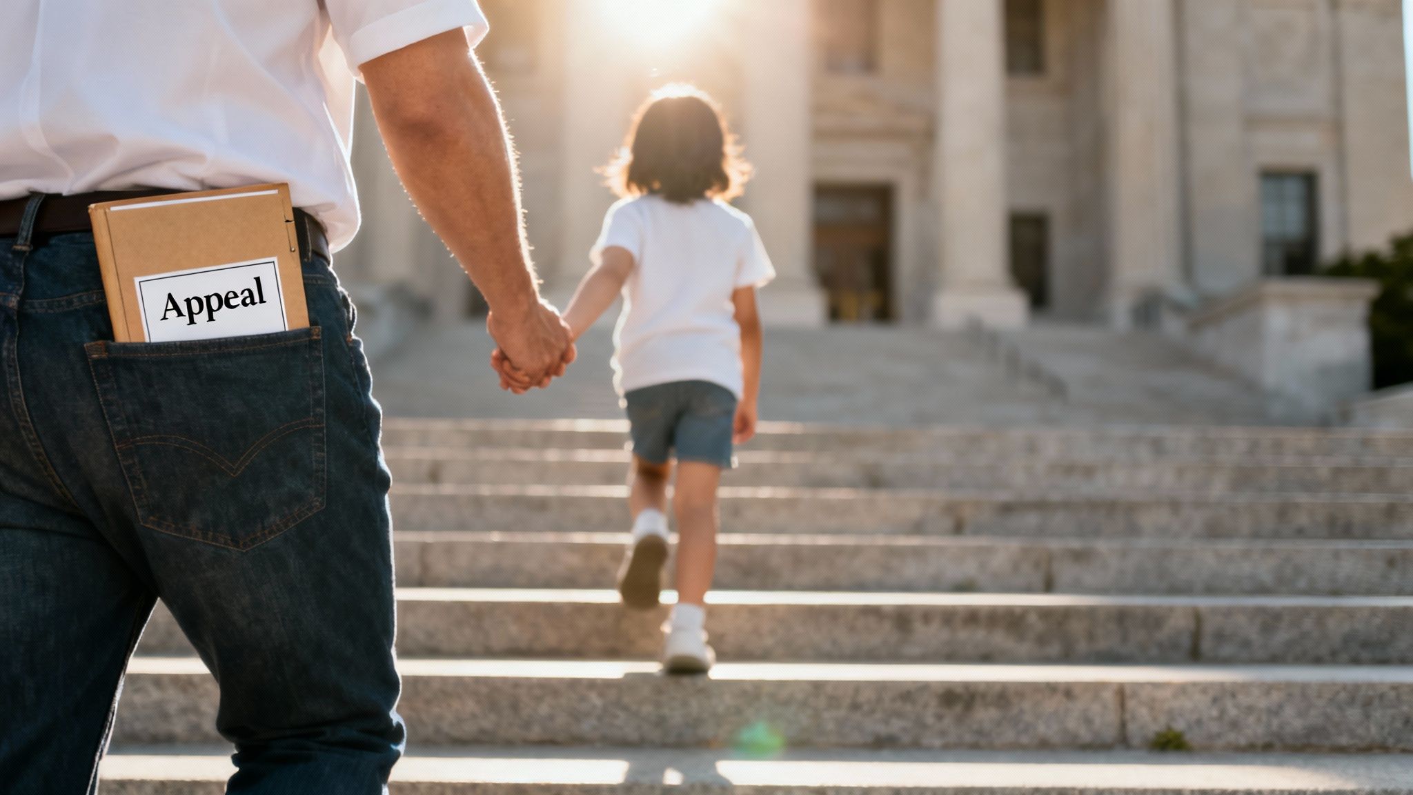 Father and child walk hand-in-hand up courthouse steps; 'Appeal' document in man's back pocket.