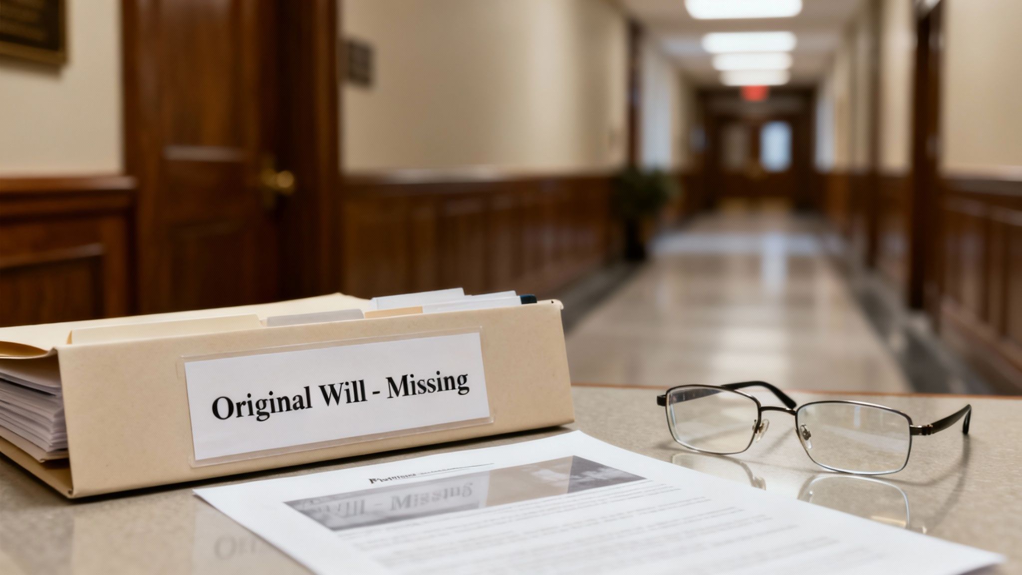 A file folder labeled 'Original Will - Missing' sits on a desk with eyeglasses and documents.