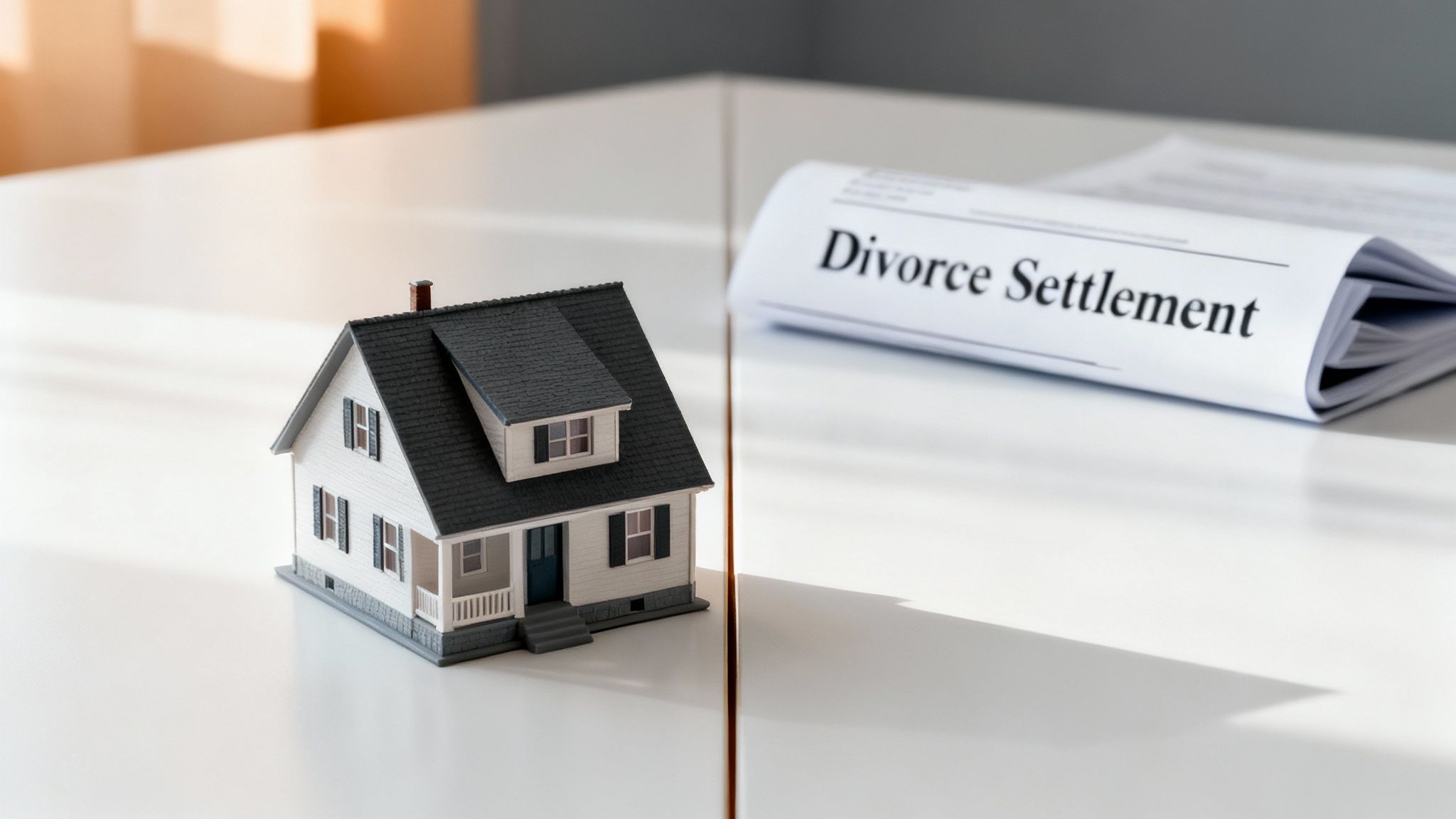 Miniature house separated from a 'Divorce Settlement' document on a white table.