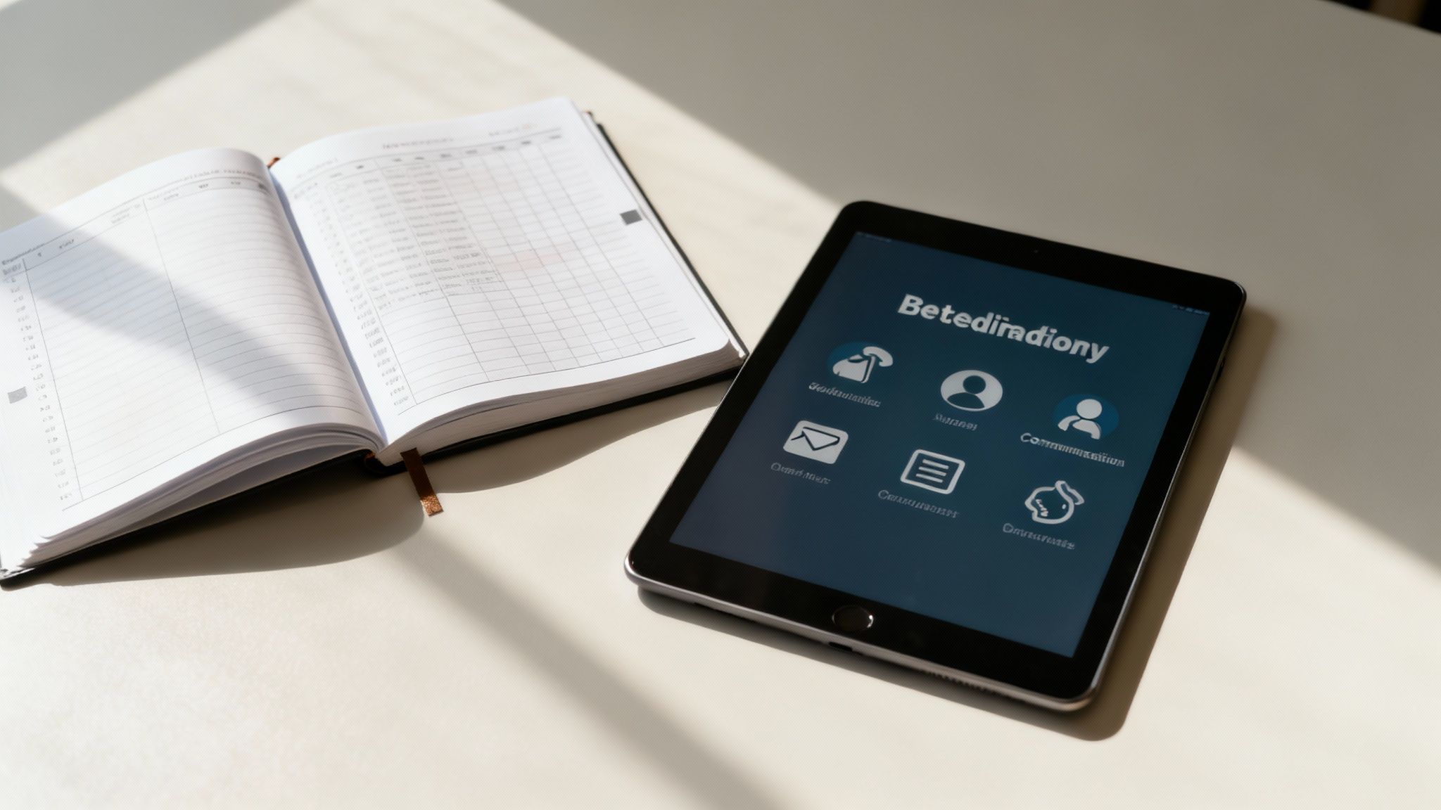 A person at a desk with organized papers, a calculator, and a laptop, showing a sense of calm control over financial documents.