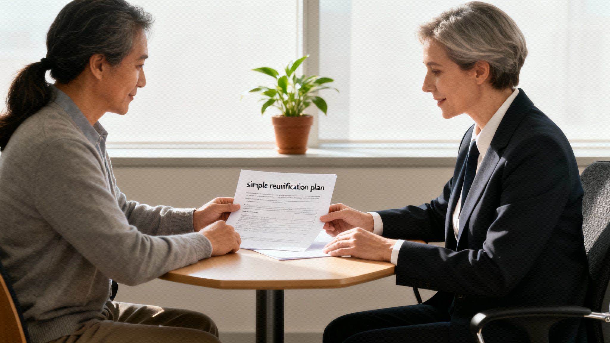 Two people, an older man and a woman in a suit, discuss a document labeled 'Simple reunification plan'.