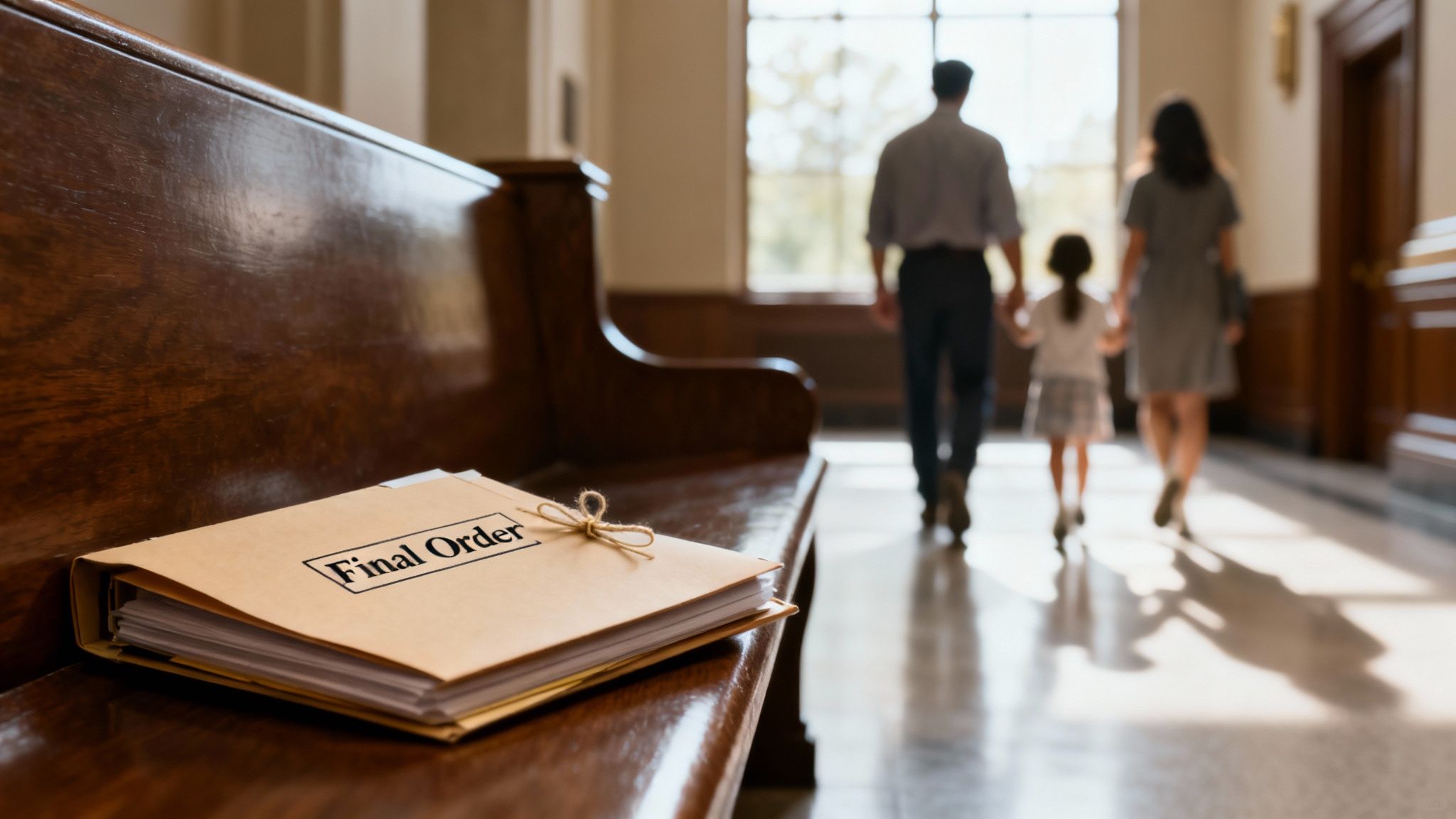 A "Final Order" file on a wooden bench, with a family walking away in a courthouse.