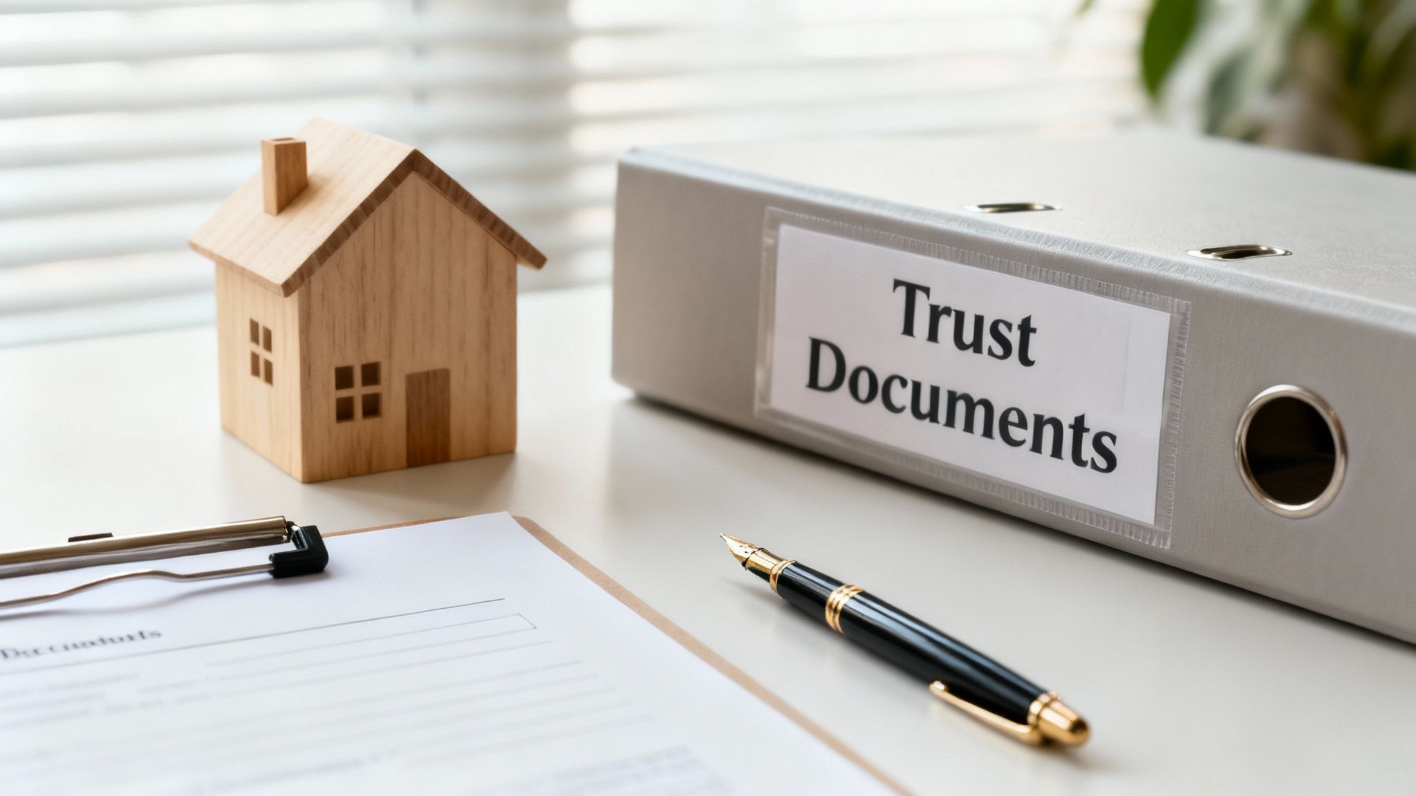 A miniature wooden house, a binder labeled 'Trust Documents', a pen, and a document on a desk.