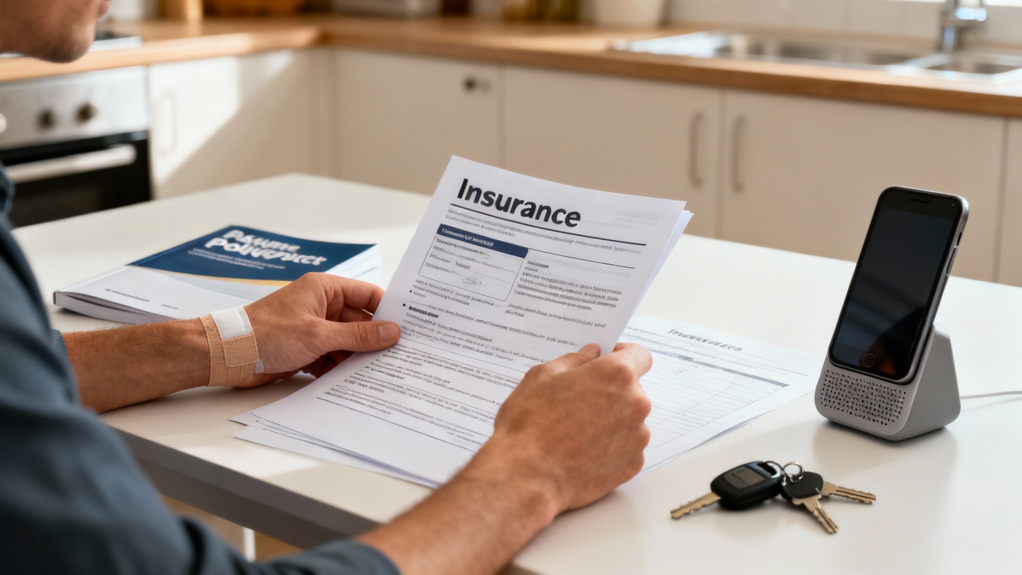 A person with a bandaged wrist reads an insurance document at a table with a phone and keys.