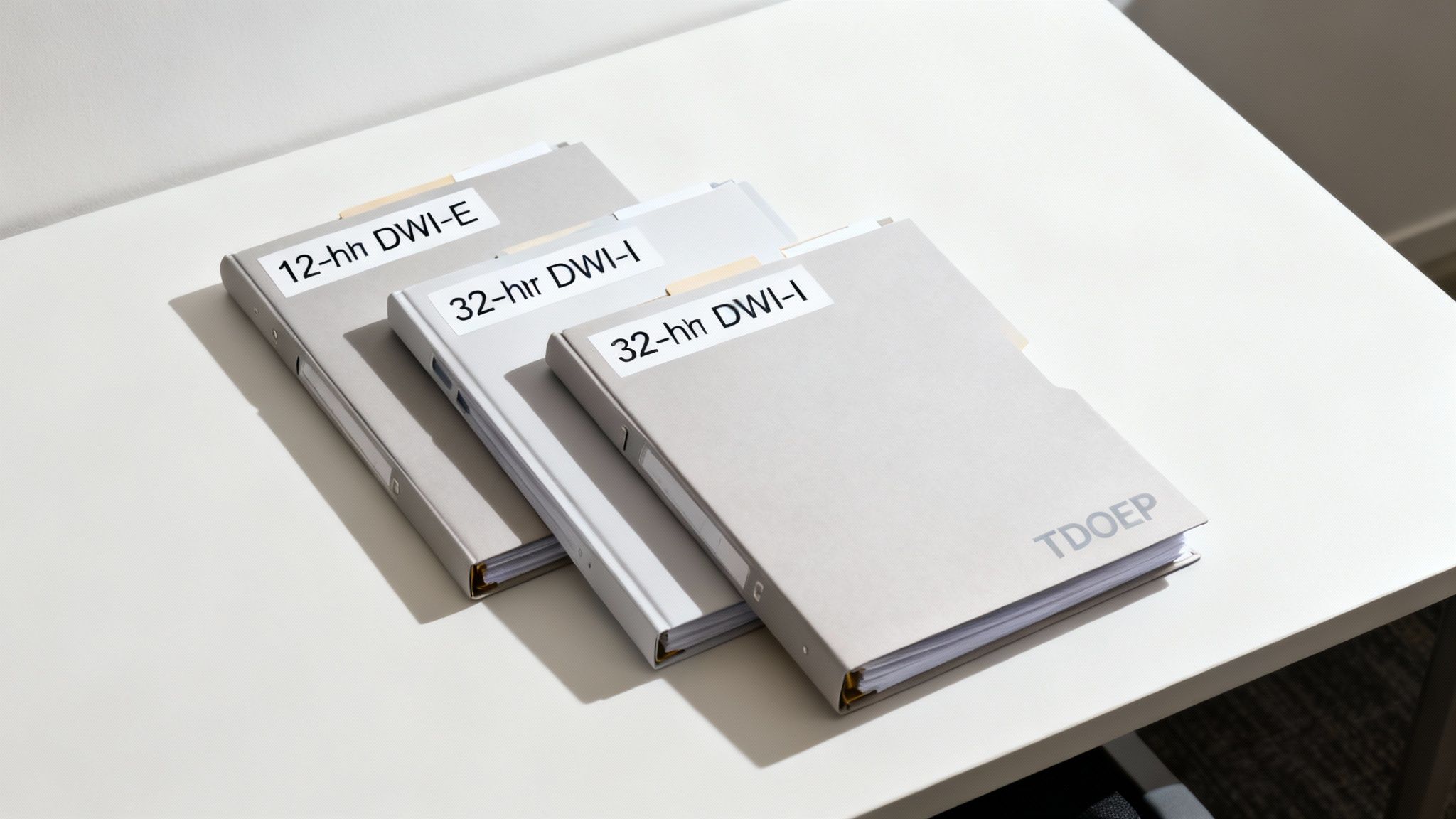 Folders labeled "12-hr DWI-E," "32-hr DWI-I," and "32-hr DWI-I" on a table, representing different Texas DWI classes and their requirements.