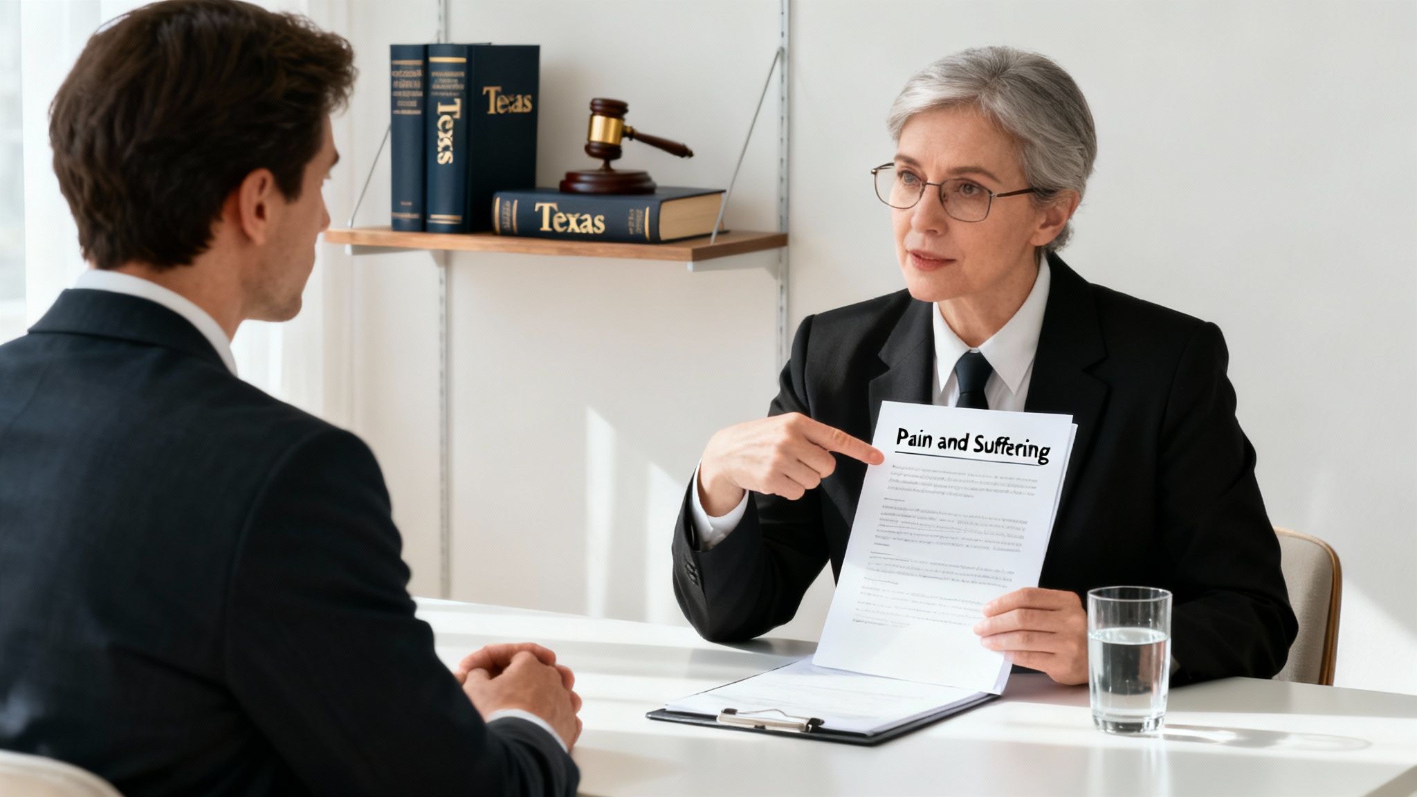 A compassionate lawyer reviews documents with a client in a bright office.