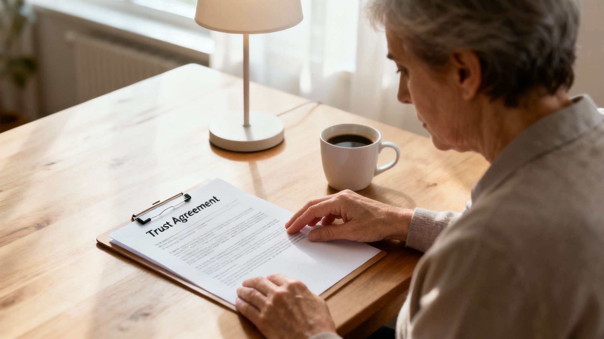 Older adult reviewing a trust agreement document on a wooden table, with a cup of coffee and a lamp in the background, reflecting the importance of trust management and legal guidance in Texas.