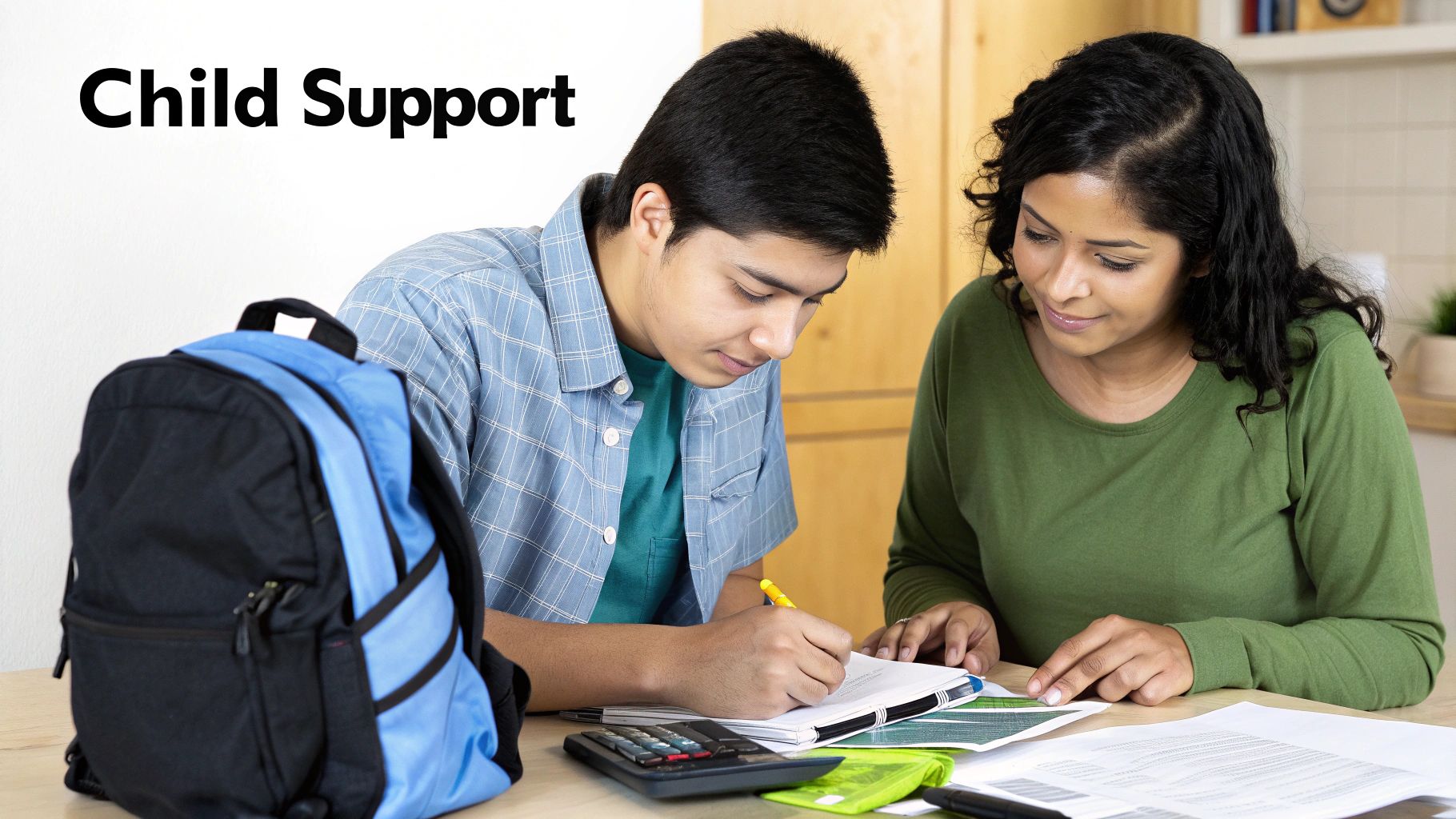 Mother helping teenage son with child support paperwork and calculator at home