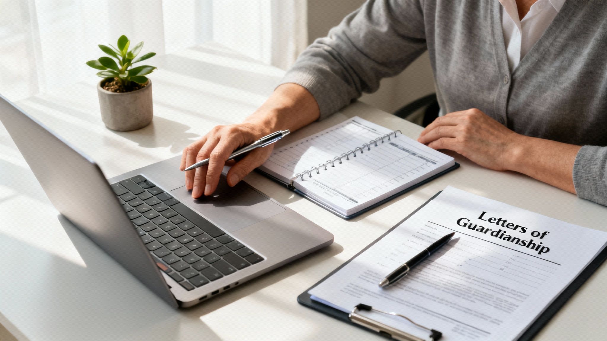 A person carefully reviewing legal documents at a desk, signifying their new duties.
