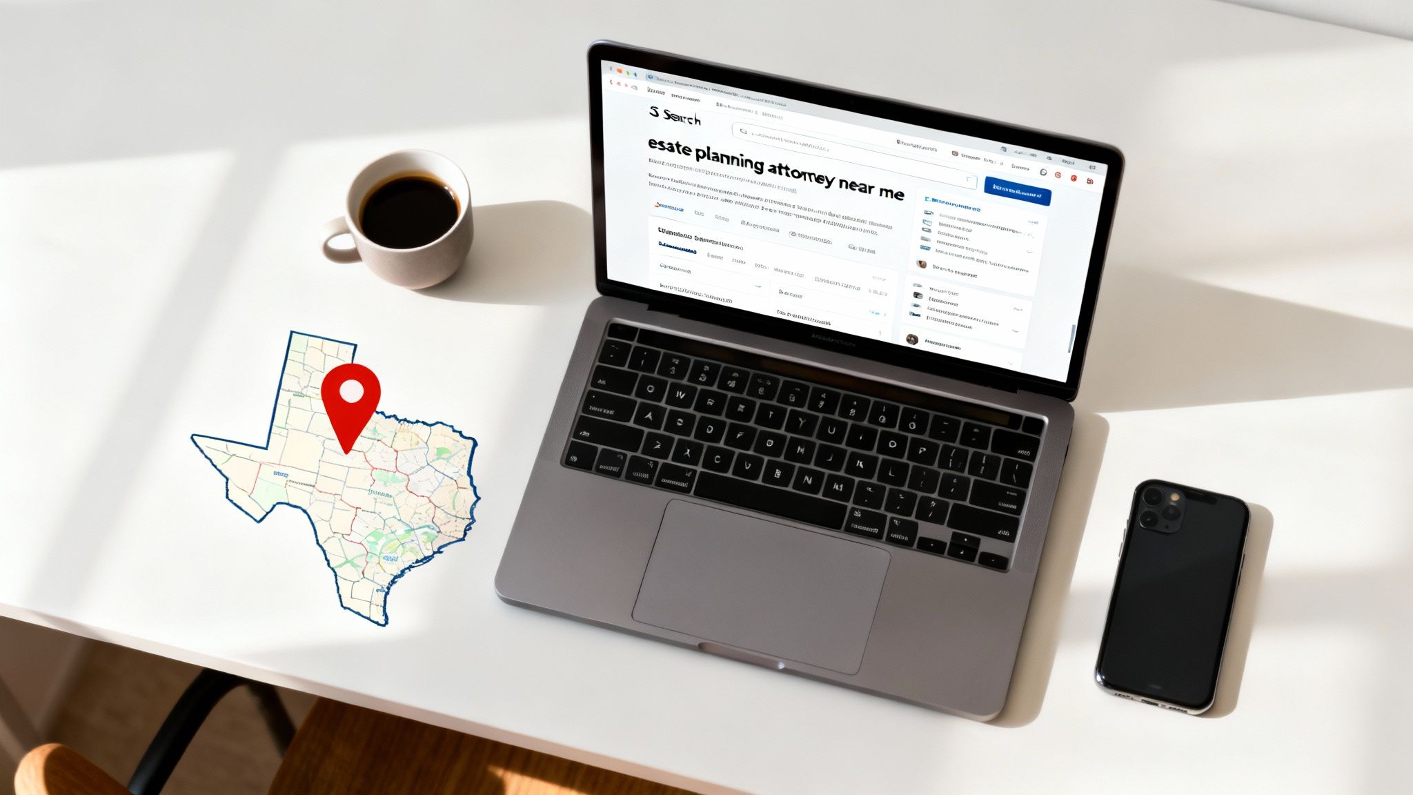 Laptop displaying 'estate planning attorney near me' search, beside a Texas map, coffee, and phone.