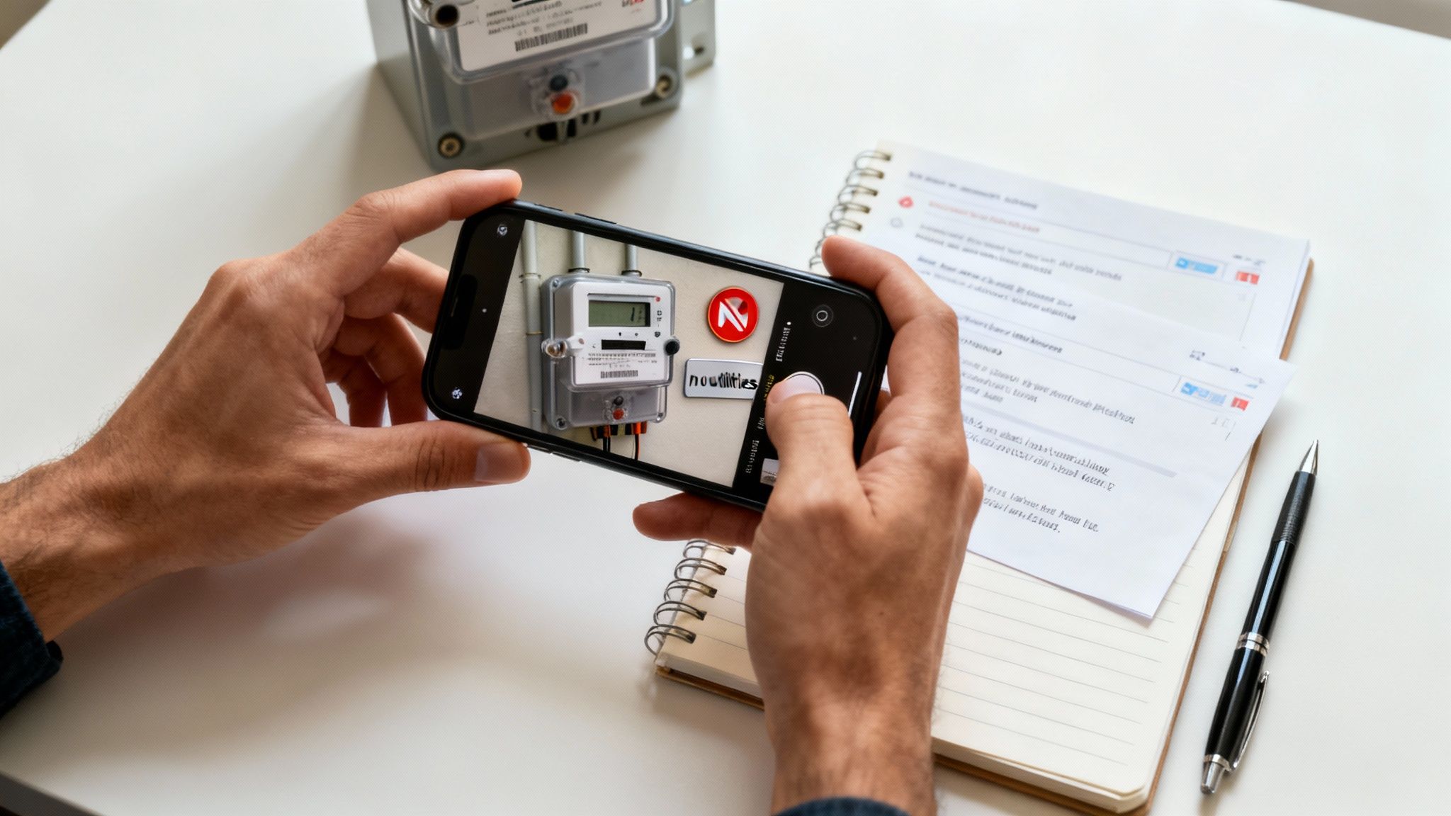 Person using smartphone to document utility meter readings, with notes and pen on table, illustrating evidence collection for tenant rights and wrongful eviction.