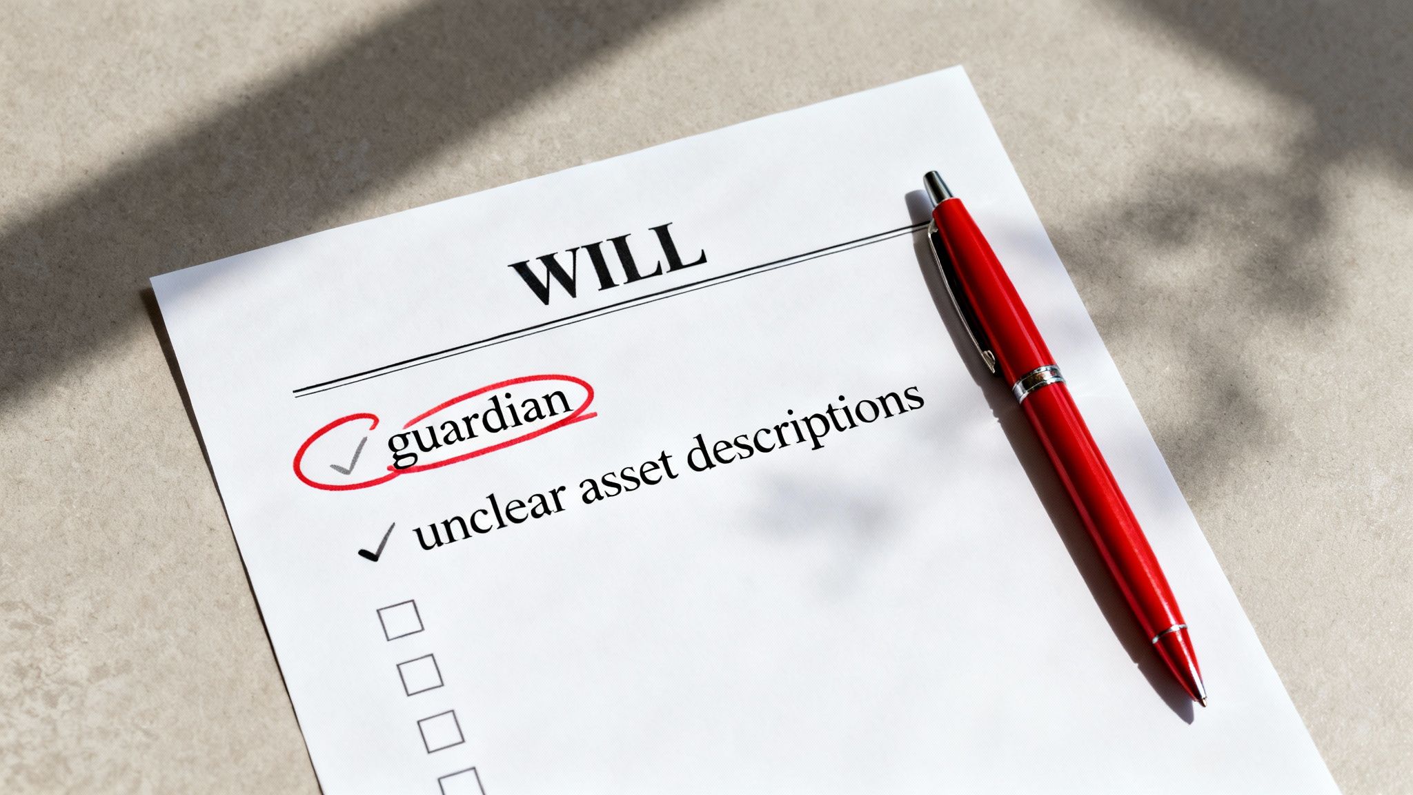 A will checklist showing 'guardian' circled in red and 'unclear asset descriptions' checked, with a red pen.