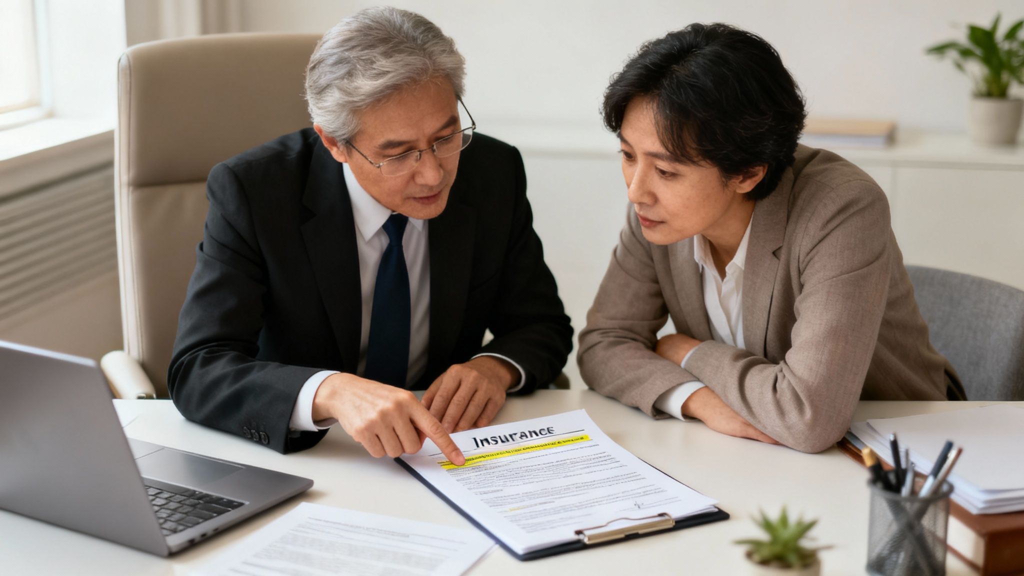 Two Asian professionals discussing an insurance policy, with one pointing at highlighted text on the document.
