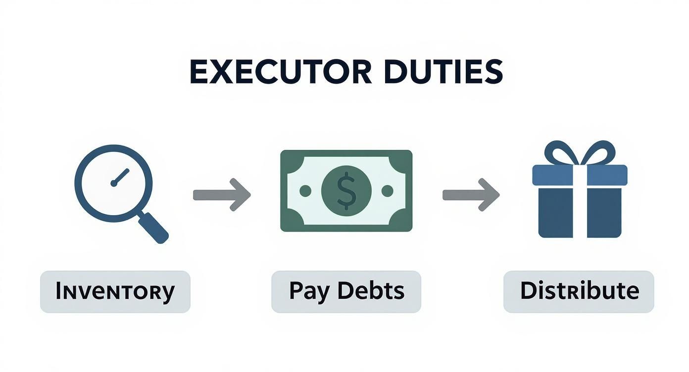 Executor duties flowchart showing three steps: inventory assets, pay debts, and distribute inheritances to beneficiaries
