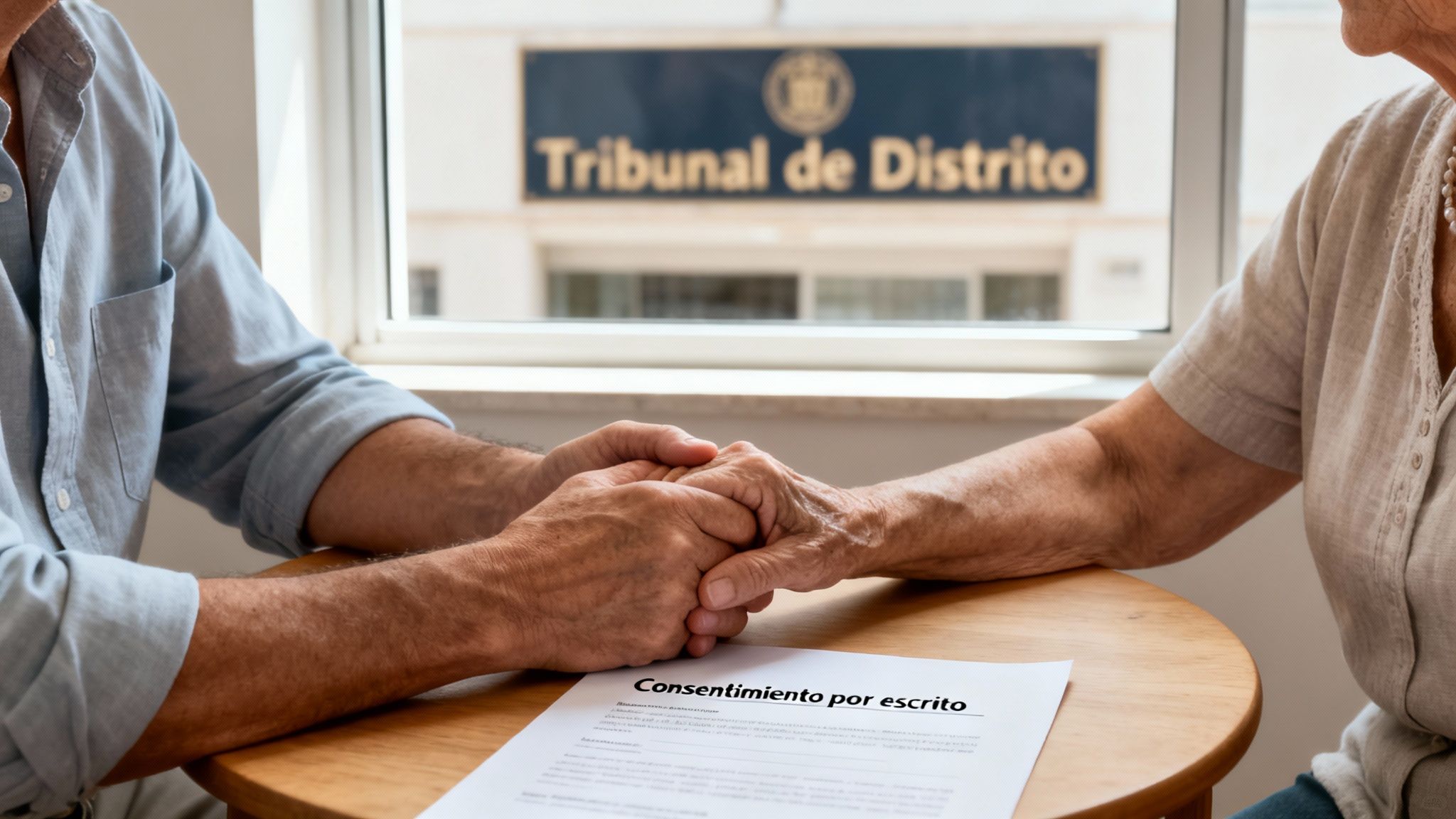 Pareja mayor se toma de las manos sobre un documento de consentimiento frente a un tribunal.