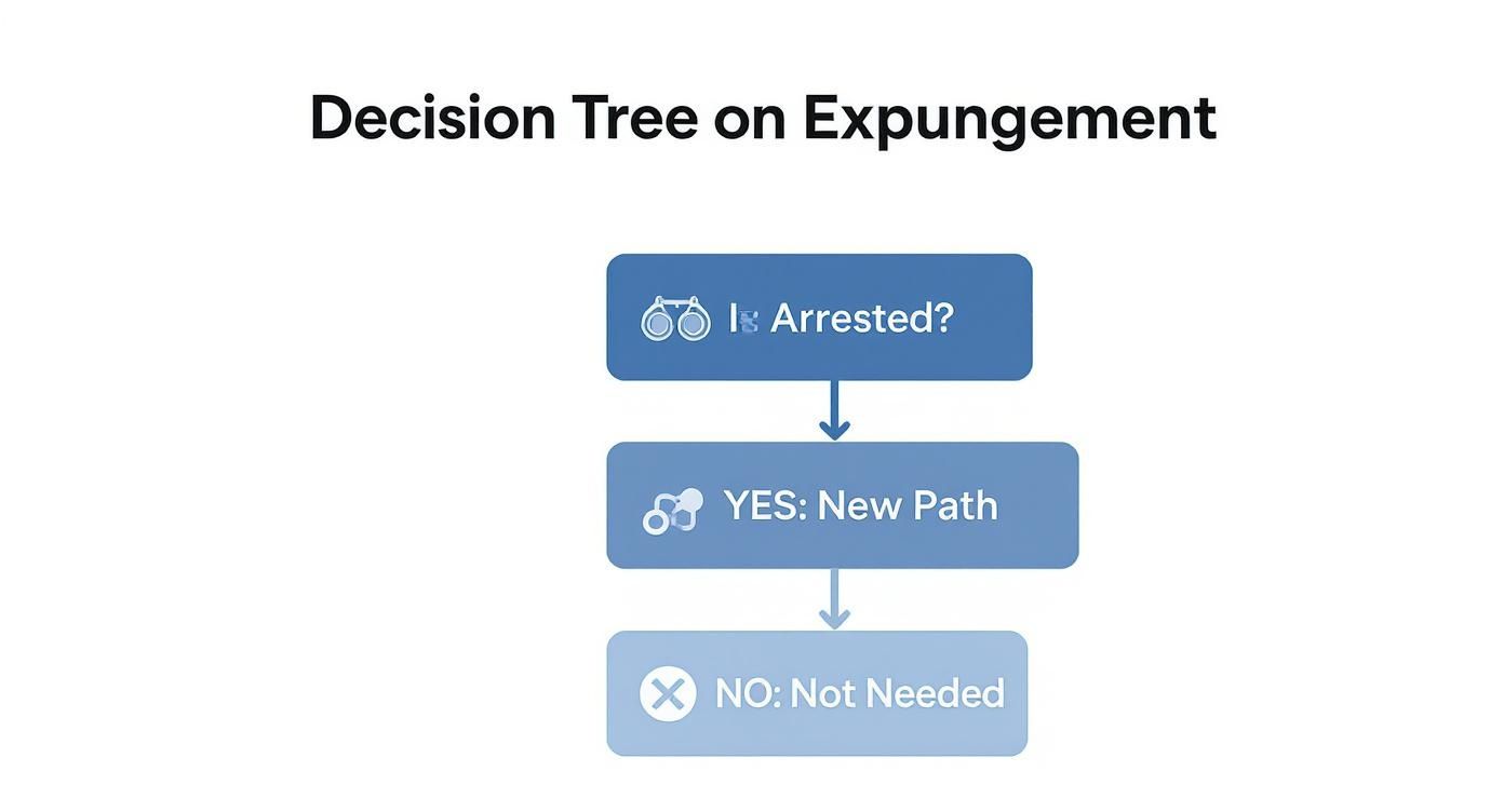 Decision tree on expungement eligibility, featuring "Is Arrested?" at the top, leading to pathways for "YES: New Path" or "NO: Not Needed," relevant to record expungement in Texas.