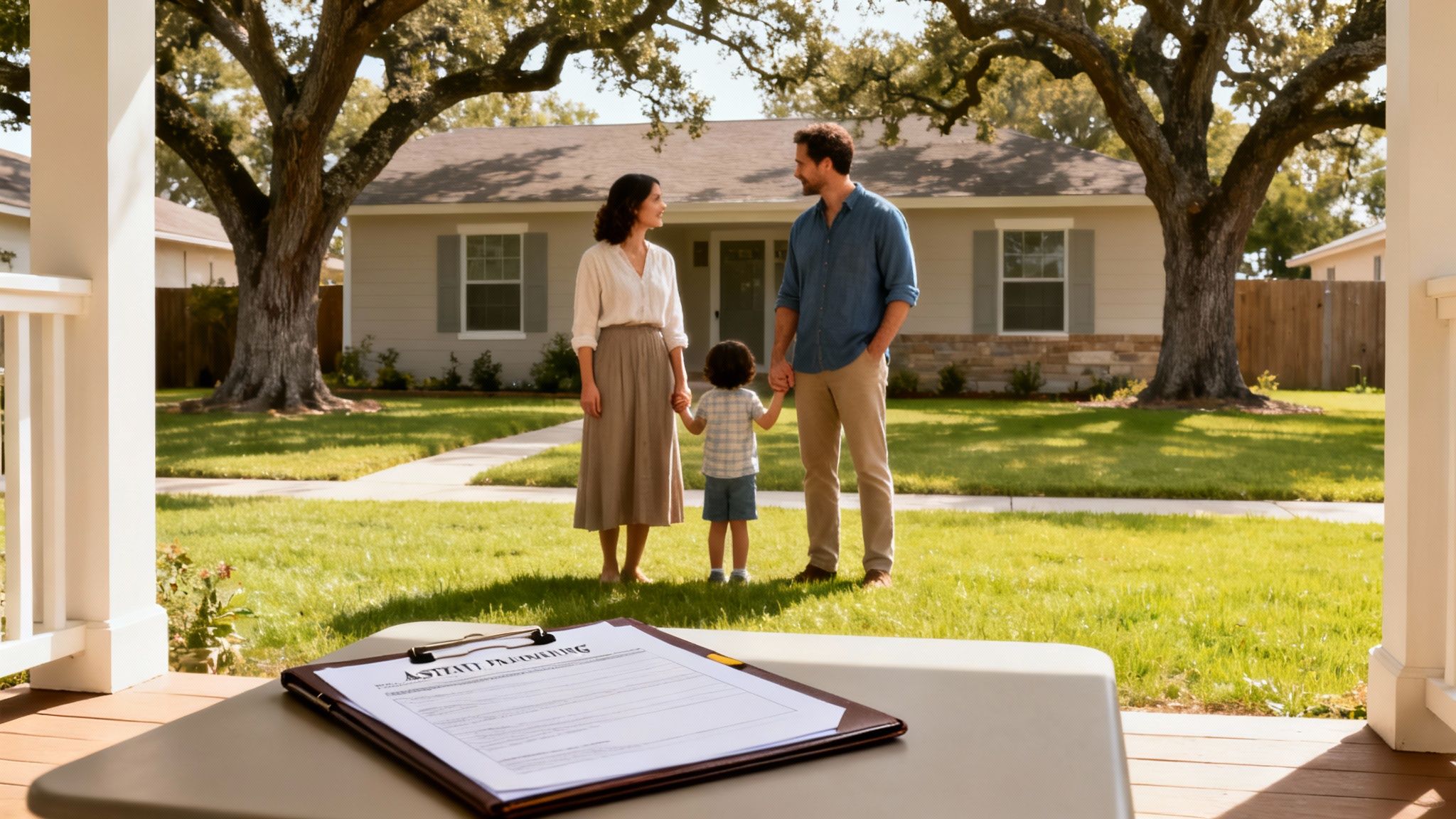 Family standing together in front of their home, discussing estate planning, with a clipboard featuring "Estate Planning" document in the foreground.