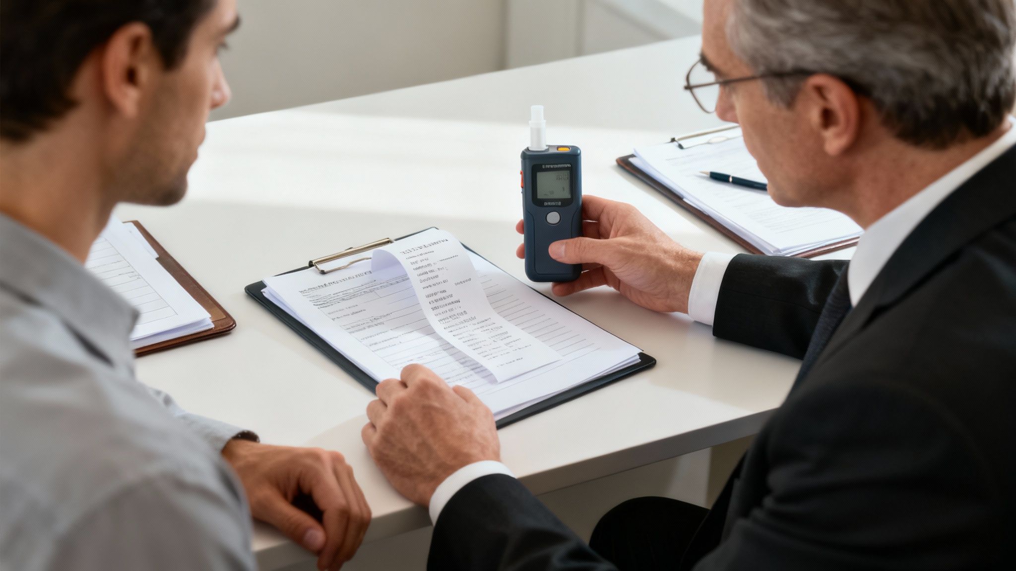 Man discussing DWI case with attorney, reviewing paperwork and breathalyzer results, highlighting legal defense strategies in Texas DUI cases.