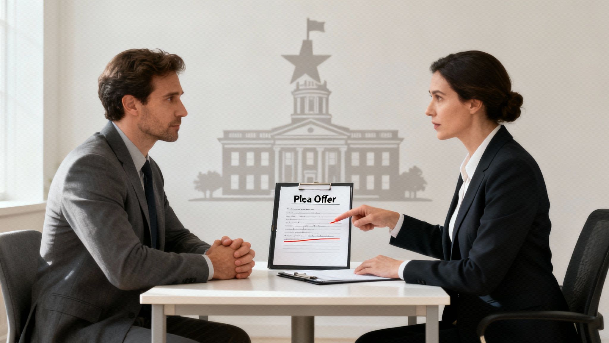 A lawyer and client discussing a plea bargain in a professional office setting.
