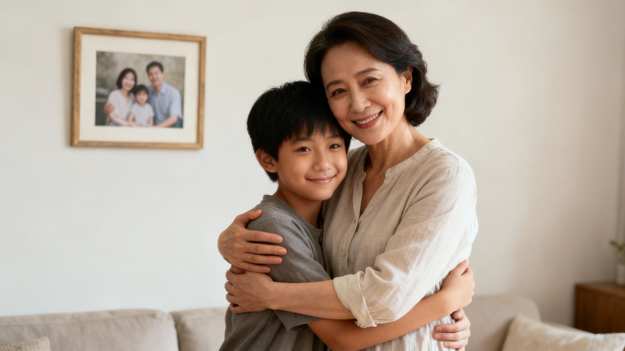 A smiling Asian grandmother hugs her grandson, looking happily at the camera in a cozy home.
