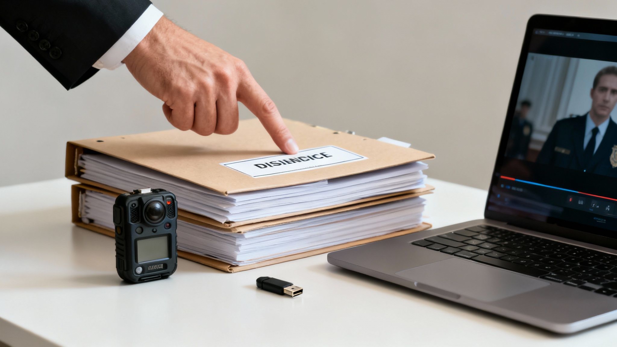 Hand pointing at a labeled folder titled "DISINICICE" on a desk with legal documents, a digital recorder, and a laptop displaying a video, emphasizing evidence gathering in criminal defense strategies related to DWI cases in Texas.