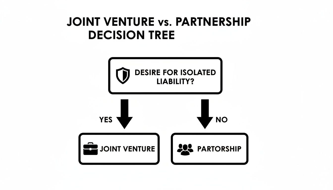 Joint venture vs. partnership decision tree illustrating liability considerations with options for isolated liability leading to joint venture or partnership.