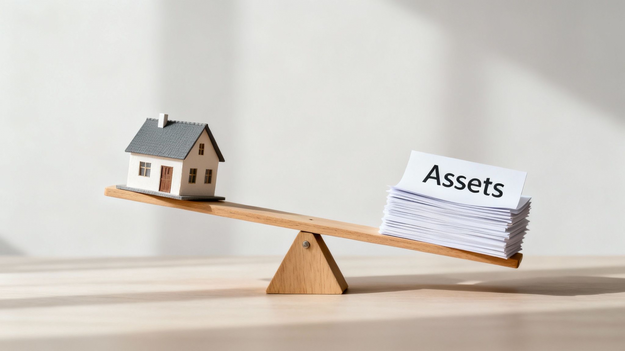 A house model and a stack of papers labeled 'Assets' on a seesaw, representing financial balance.