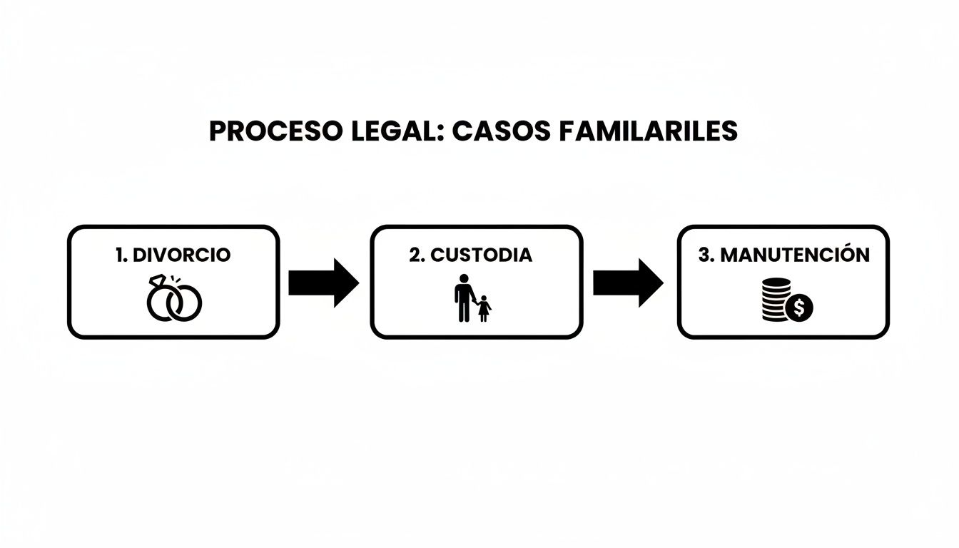 Diagrama de flujo que ilustra el proceso legal para casos familiares: divorcio, custodia y manutención.