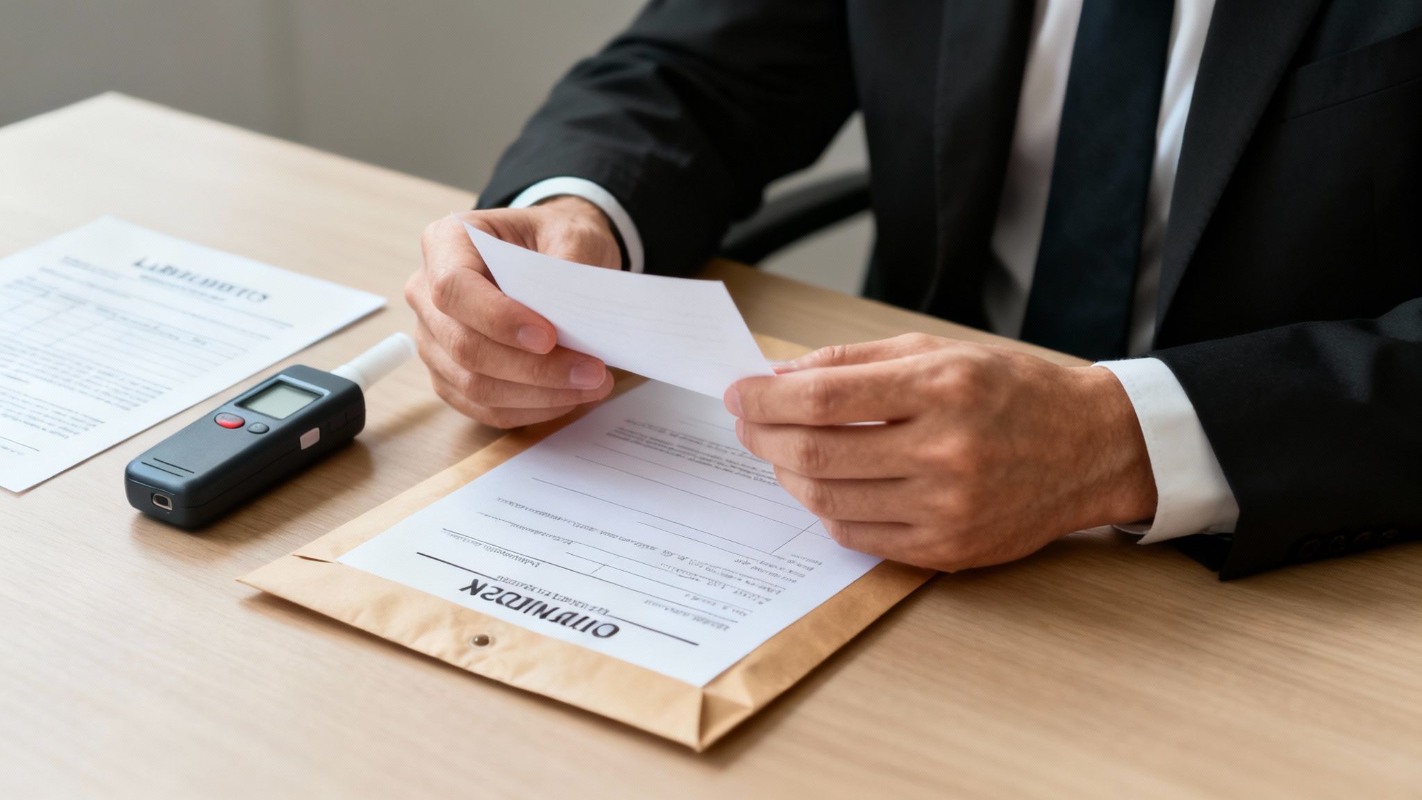 Man in a suit holding documents related to a DWI case, with a breathalyzer and legal papers on a desk, emphasizing the importance of legal representation after a first DWI offense in Texas.