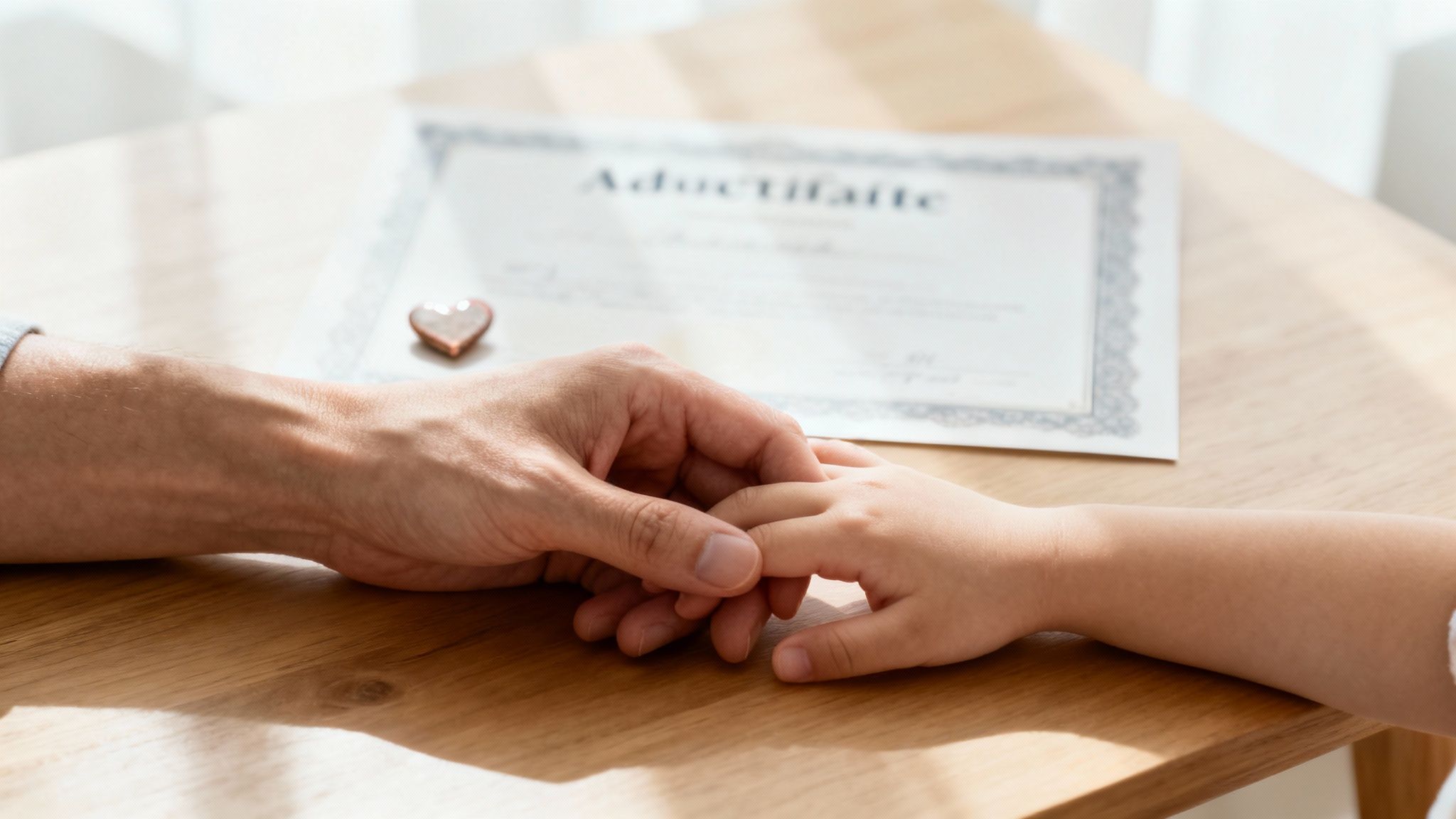 An adult's hand gently holding a child's hand on a wooden table with an adoption certificate and heart.