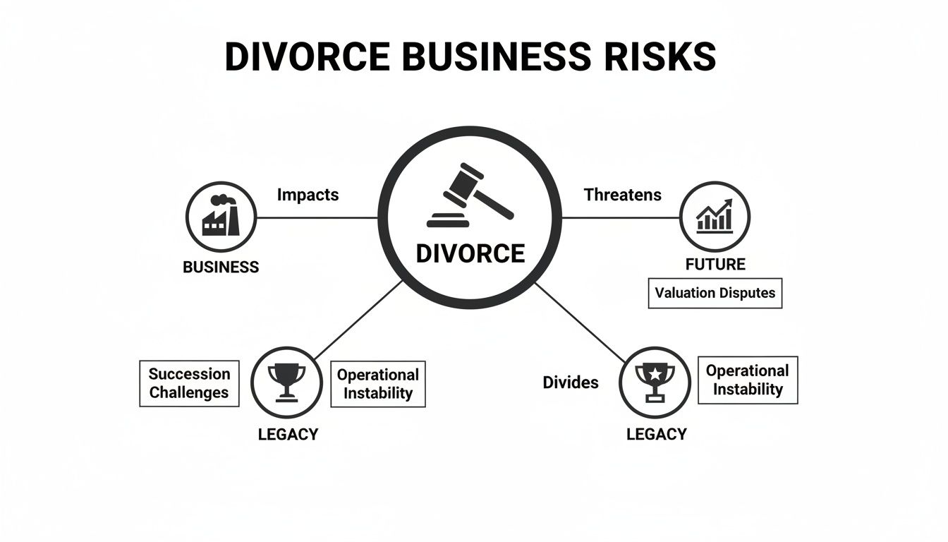 A diagram titled 'Divorce Business Risks' illustrating impacts on business, future valuation, and legacy challenges.