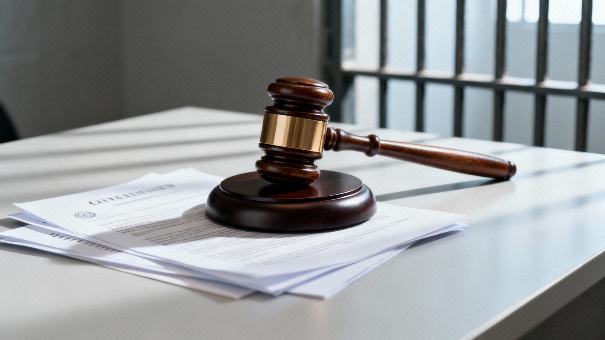 A gavel and legal documents on a table, with prison bars visible in the background.