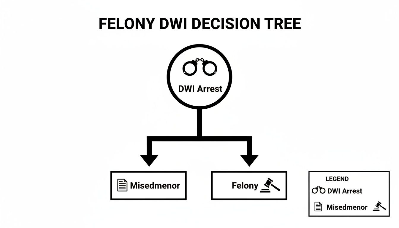 A decision tree illustrating potential outcomes of a DWI arrest, leading to either a misdemeanor or a felony.