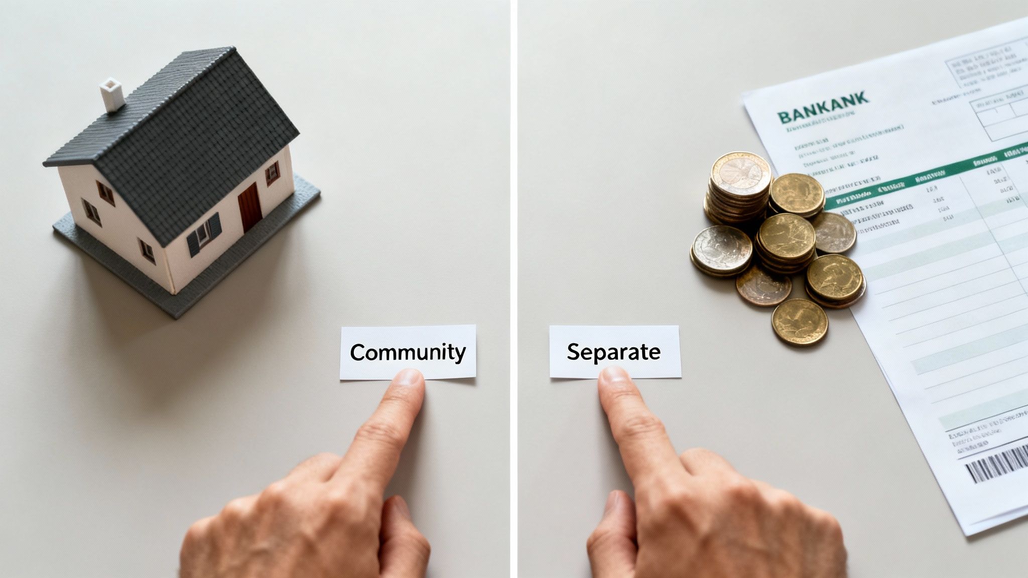 Model house representing community property next to coins and a bank statement labeled as separate property, illustrating asset division concepts in divorce.