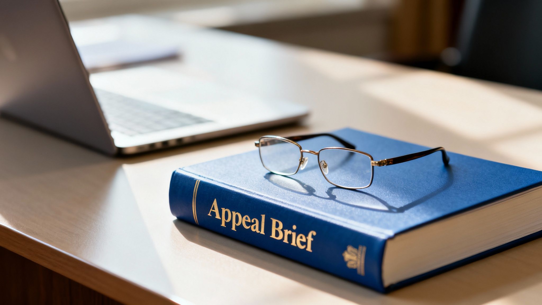 Close-up of an "Appeal Brief" legal book with reading glasses on a wooden desk.