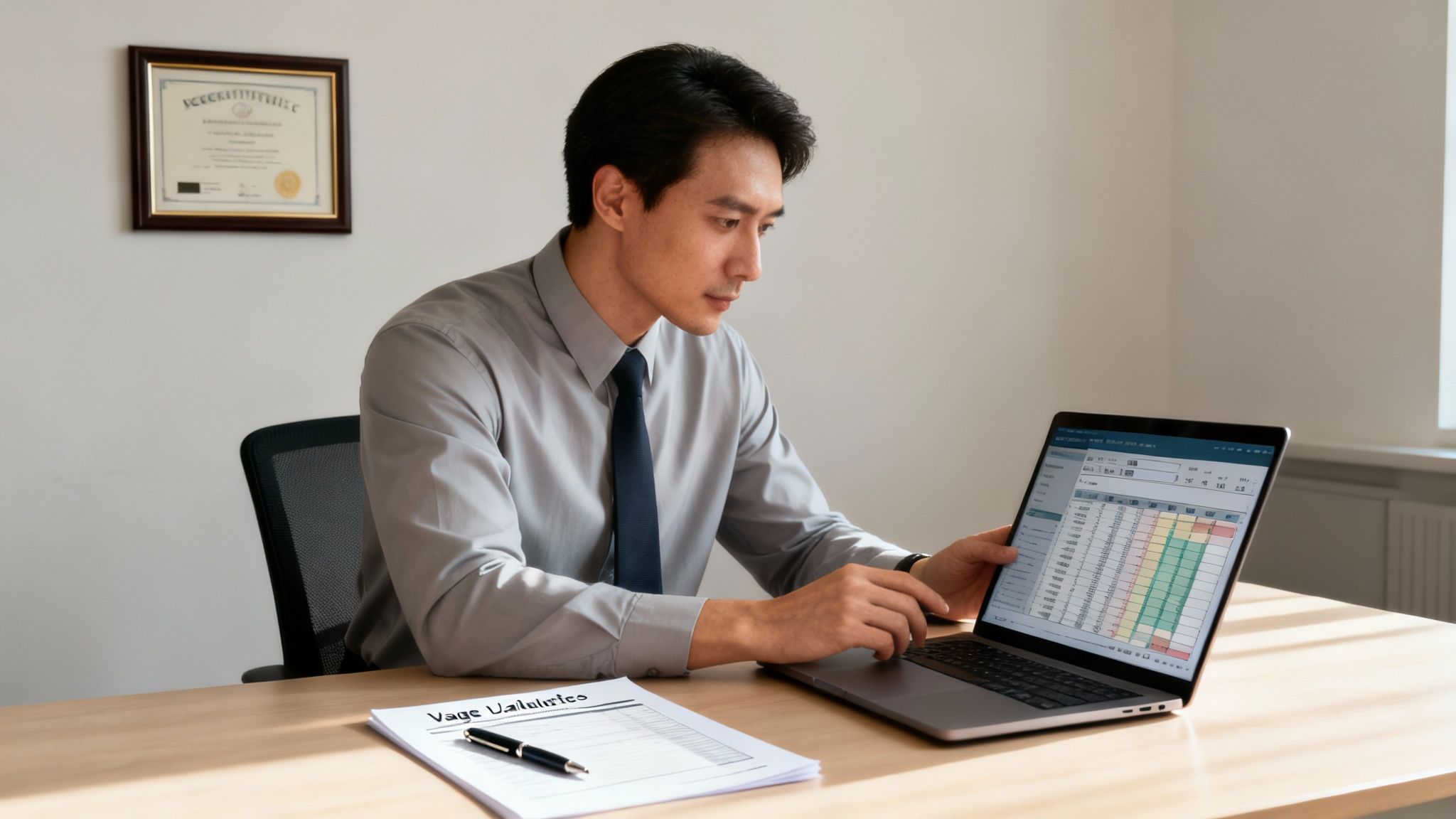 A professional man in a shirt and tie works diligently on a laptop displaying a financial spreadsheet.