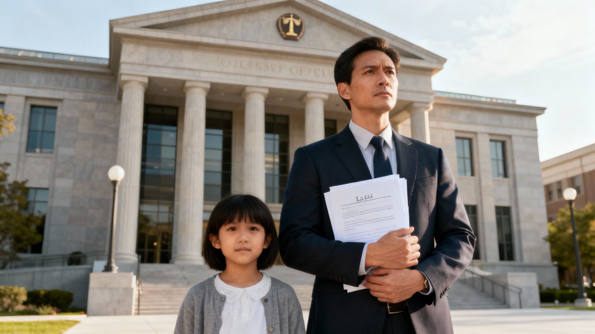 Man in a suit holding legal documents with a young girl outside a courthouse, symbolizing family law appeals and the pursuit of justice in Texas.