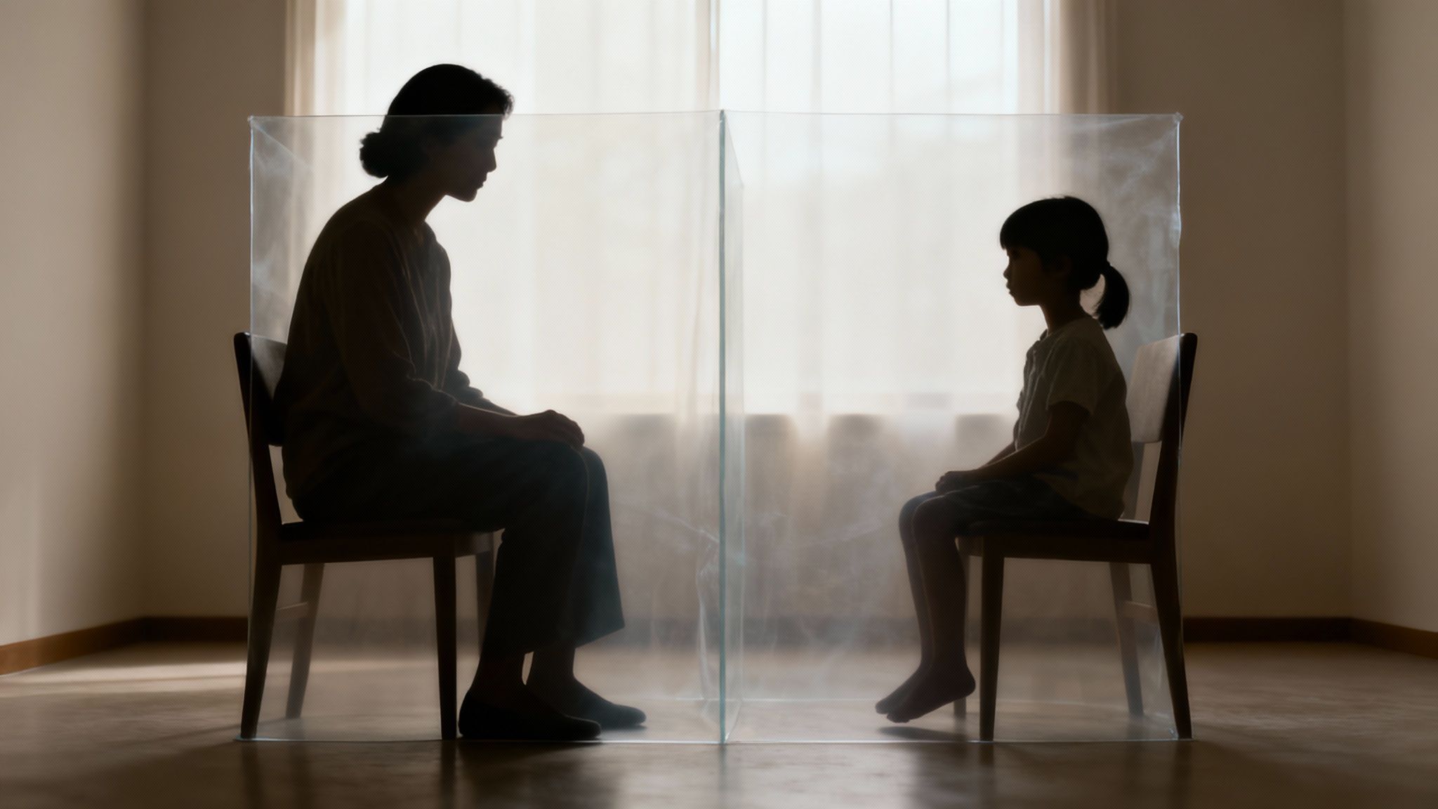 Una familia preocupada sentada en un sofá