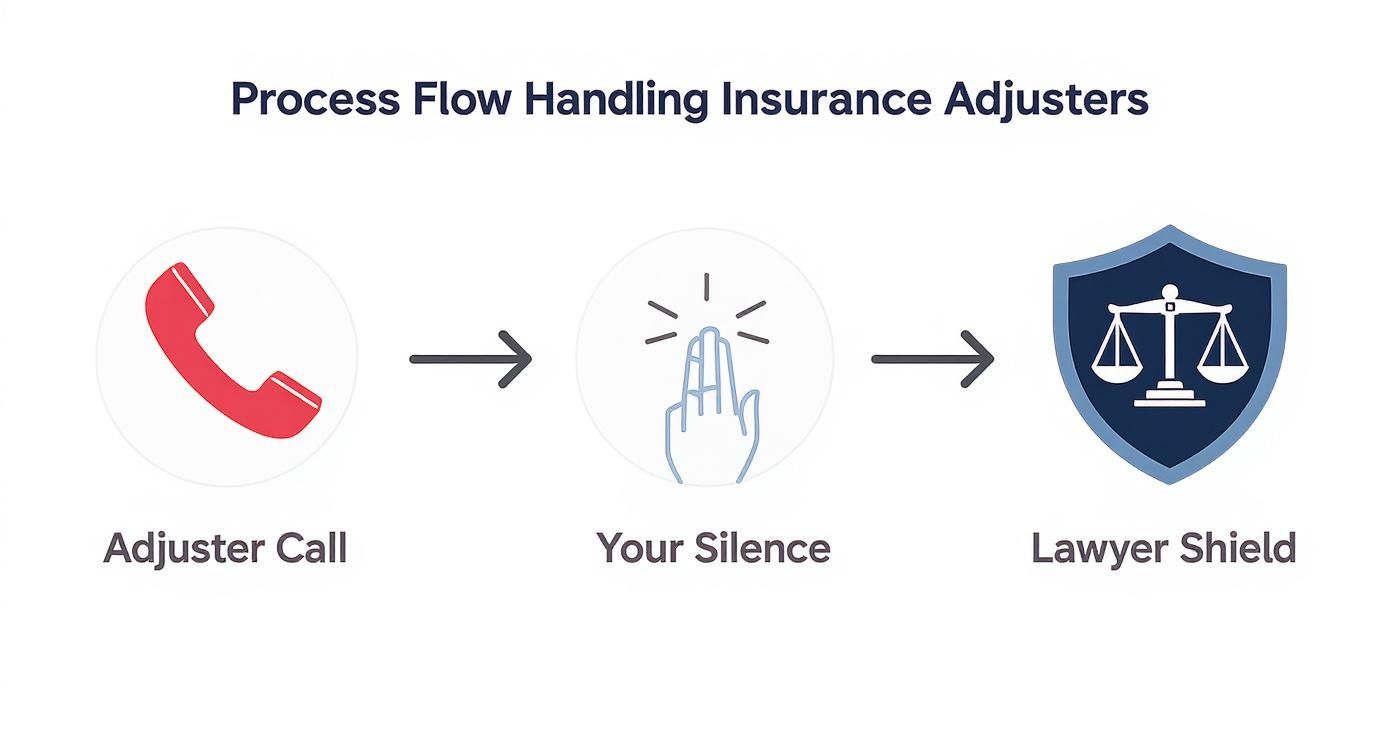 A process flow diagram shows handling insurance adjusters: adjuster call, followed by your silence, then a lawyer shield.