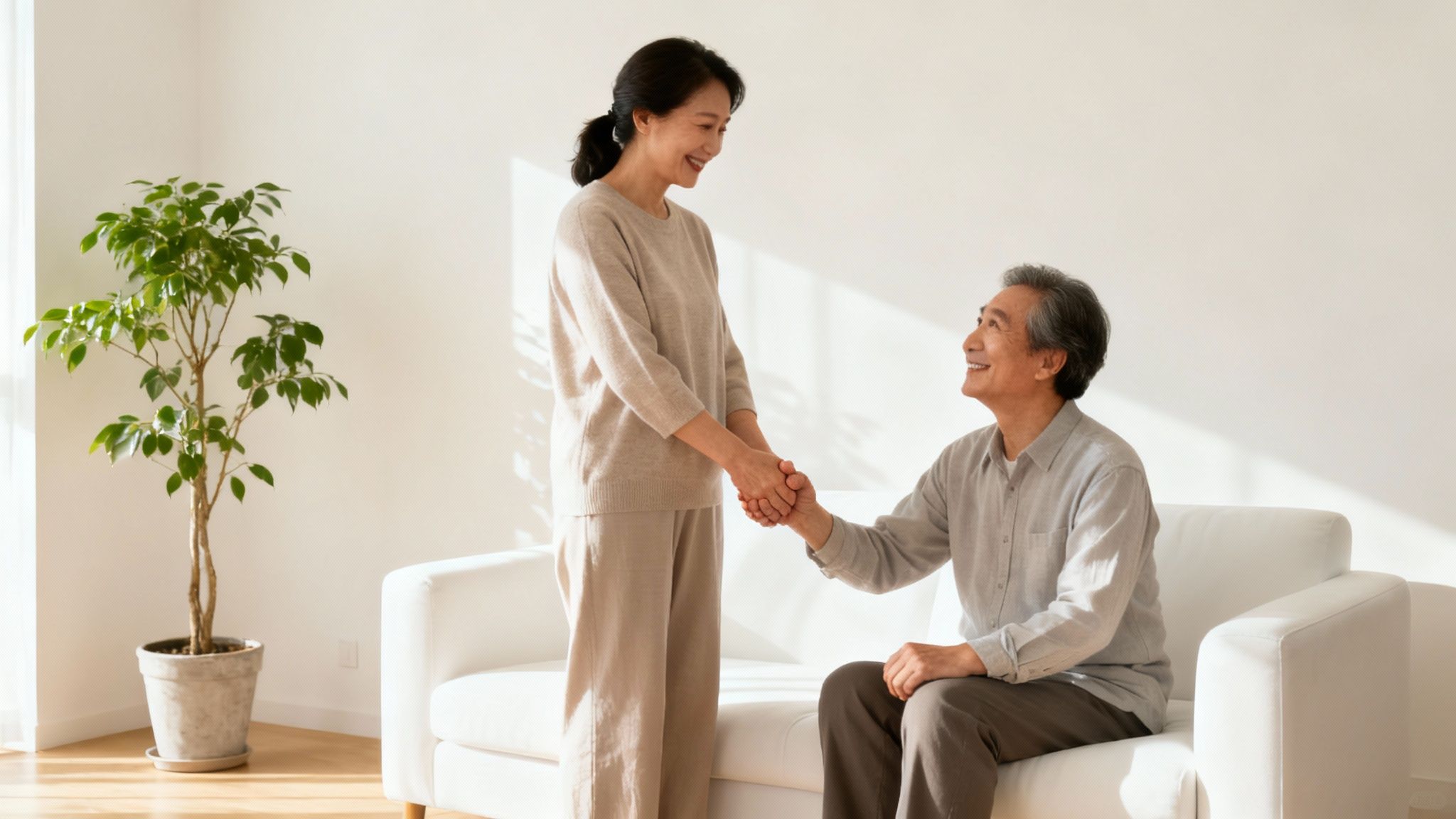 An elderly couple sitting together, holding hands, looking out a window.